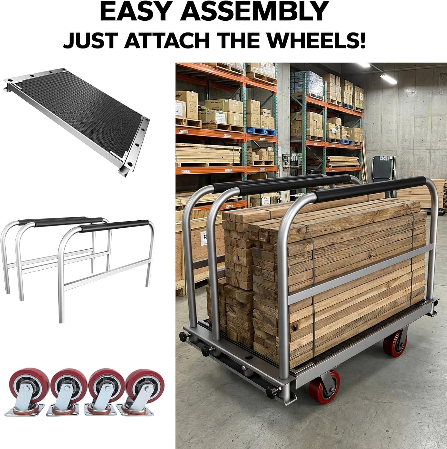 2IN1 Heavy Duty Panel Truck, 36" x 24" Platform Cart w/Rubber Mat & 3 Handrails, 2600 lbs Capacity Drywall & Lumber Cart, Flatbed Cart w/2 Swivel Casters, All-Steel Hand Truck Push Cart