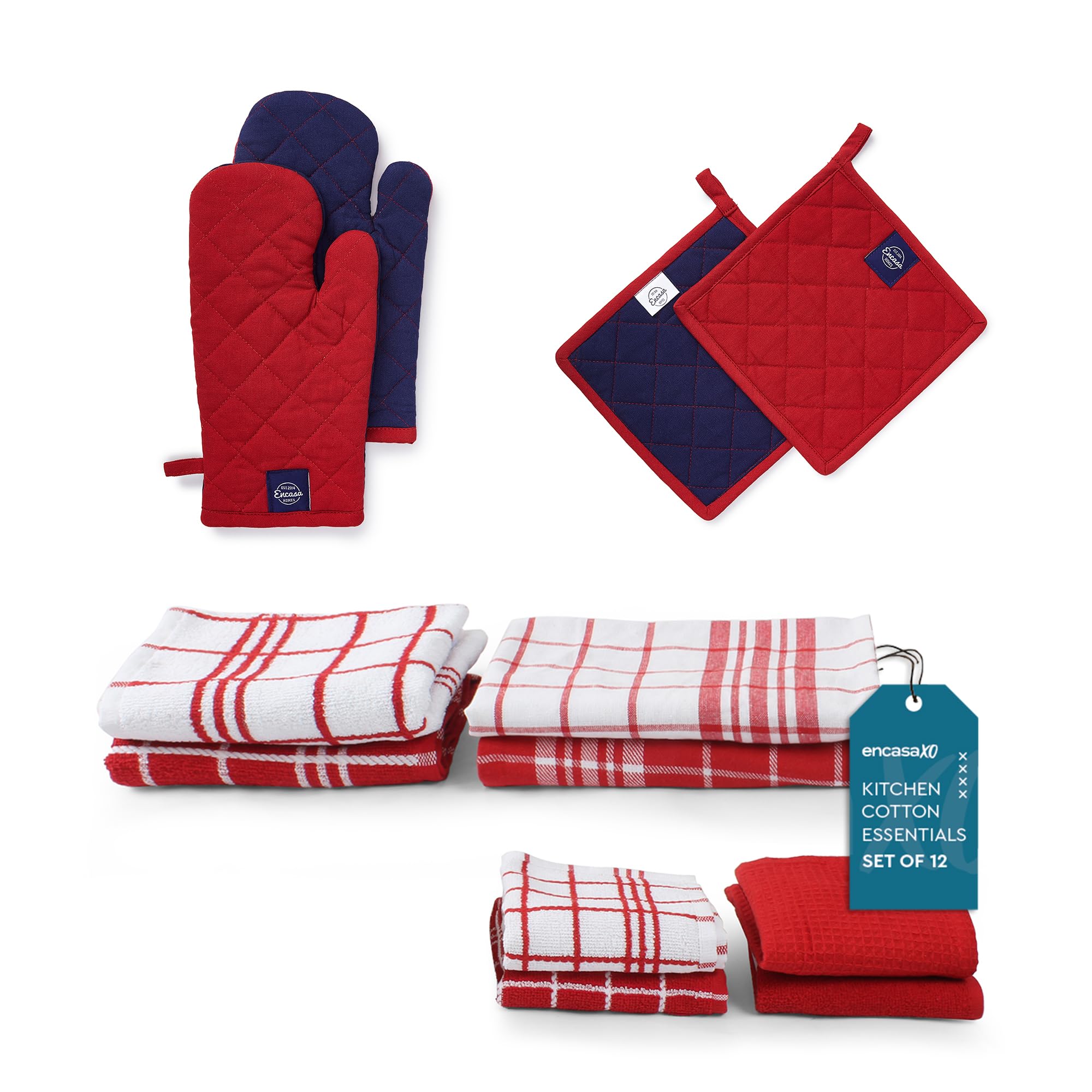 Encasa XO Kitchen and Dish Towels - Oven Mitts - Pot Holder Set of 12 Pc - Pure Cotton - Dishcloths Red Combo