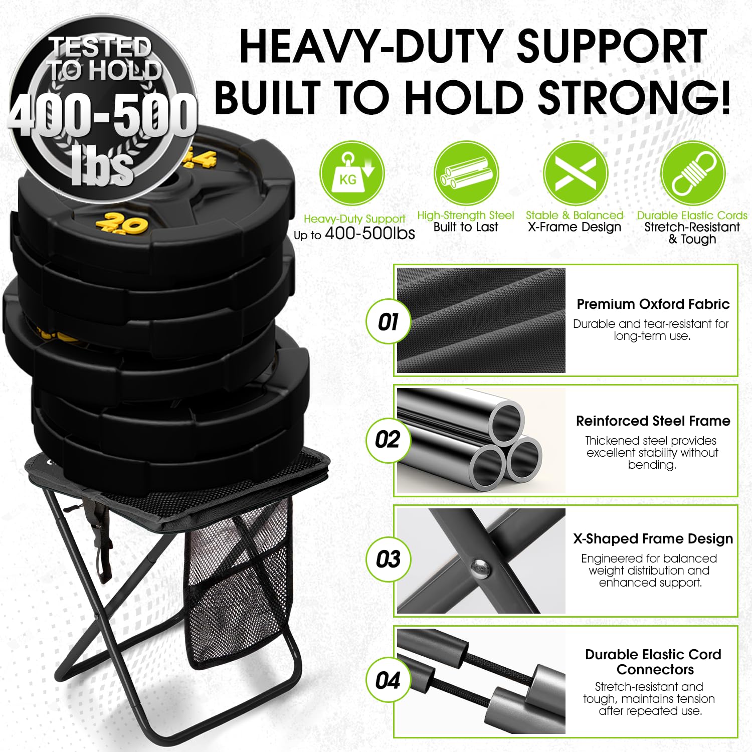 CAMDOOR Portable Collapsible Stool, 16″Folding Stool with 3 Side Pockets and Shoulder Strap, Extra Large Camping Chair Supports 400 lbs, Ultralight Portable Seat for Outdoor, Hiking, Fishing (Black) — view 3