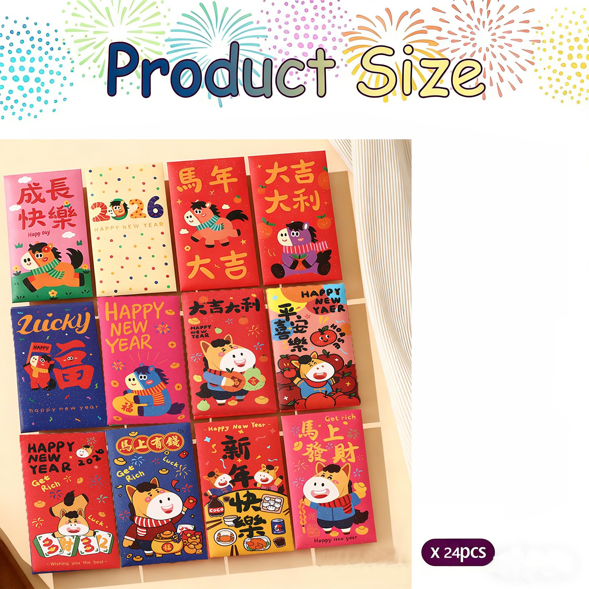 Posoto 2026 Year of The Horse Red Envelopes,24Pcs 12 Styles Cute Cartoon Hongbao Set,Chinese New Year Lucky Cash Packet, Creative Gift Decorations,Festive Pocket Charms for Spring Festival - Image 2