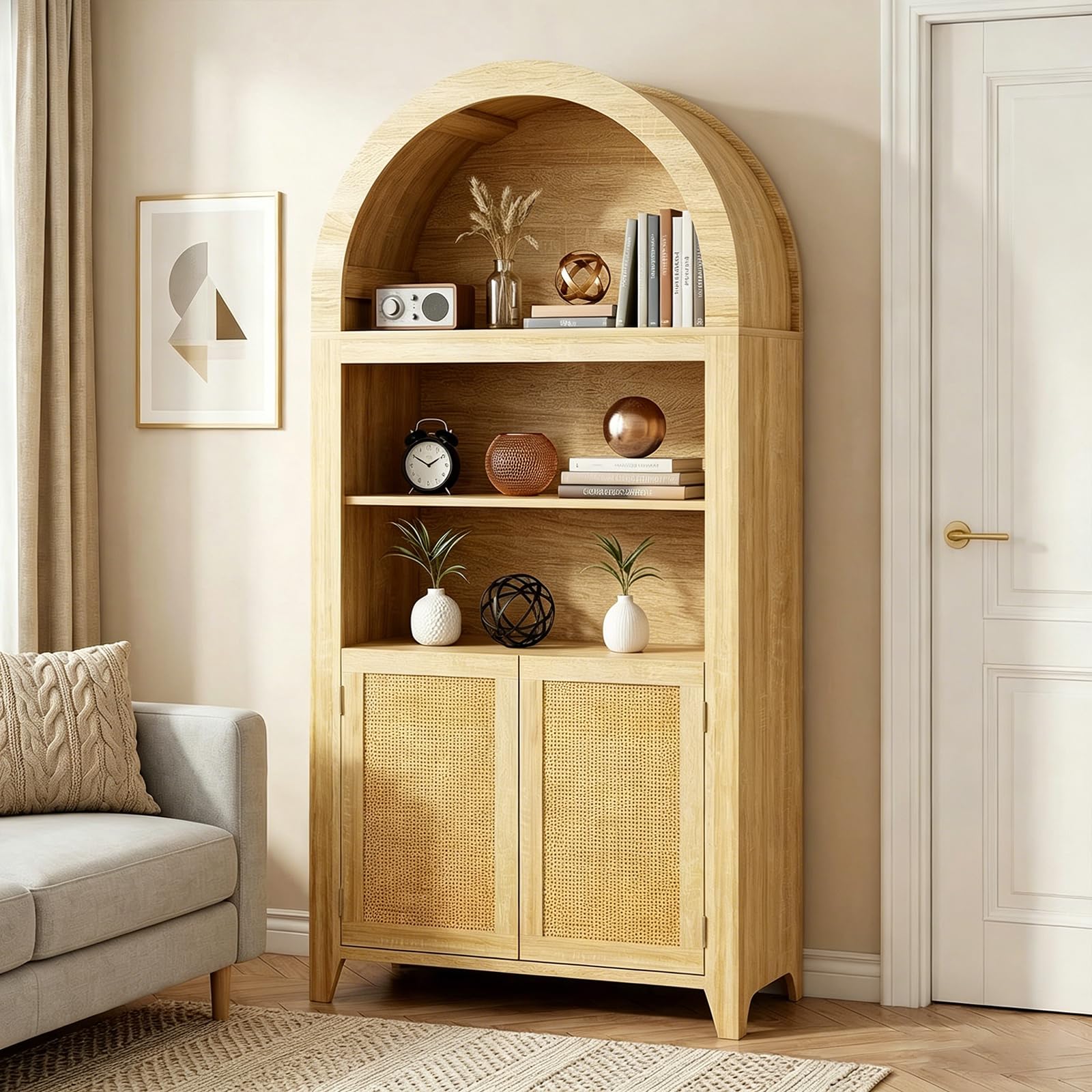 Bücherregal mit Türen, gebogener, hoher Rattan-Aufbewahrungsschrank, Holz-Bücherregal mit 3-stöckigen offenen Regalen, für Wohnzimmer, Schlafzimmer, Heimbüro, Küche