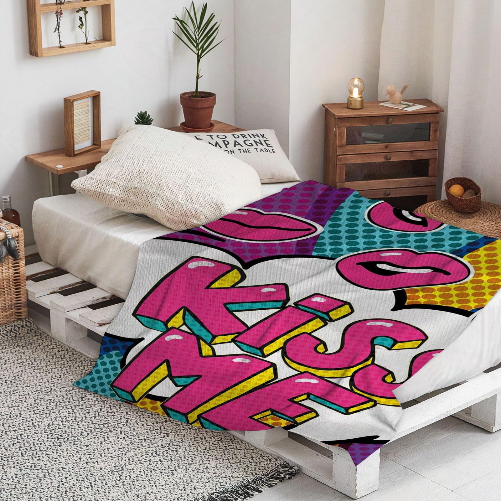 DHAEY Throws for sofas large, 60"x80"Cozy Fluffy Blanket, SoftKiss Kiss Me Word Bubble in Pop Art Style Ret Flannel Throw Blanket for Adult Bedroom Birthday Gift Sofa Bed Couch Decor Travel Camping