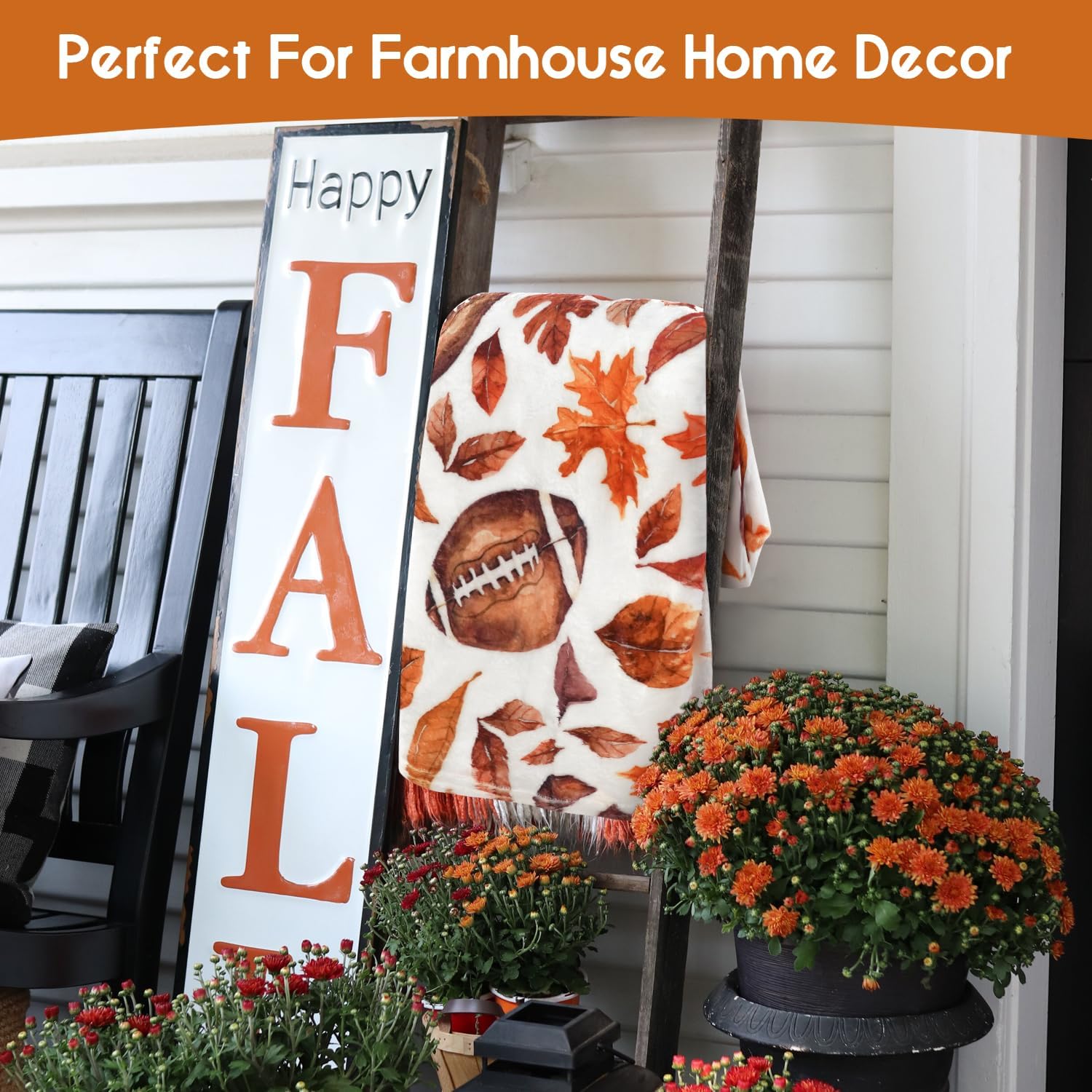 Fall Thanksgiving Blankets,Football with Maple Leaves Farmhouse Blanket Throw,Thanksgiving Fall Flannel Fleece Throw Blanket for Home Living Room Couch Bed Chair or Dorm Decor 60"x50" - Image 3