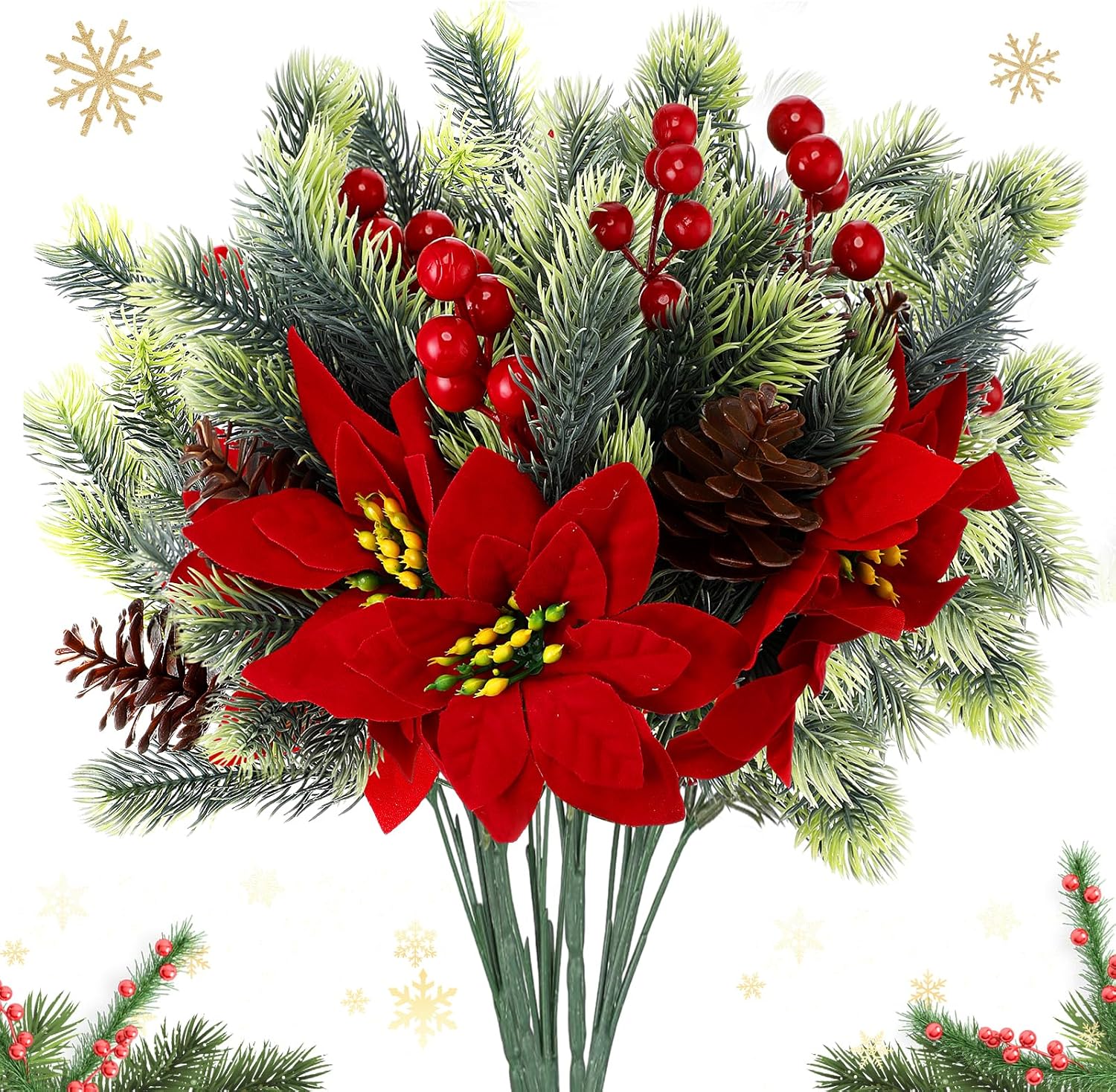 4 Pcs 13.4 Inch Artificial Poinsettia Bouquet with Pine Cones and Berries for Christmas Decor - 1
