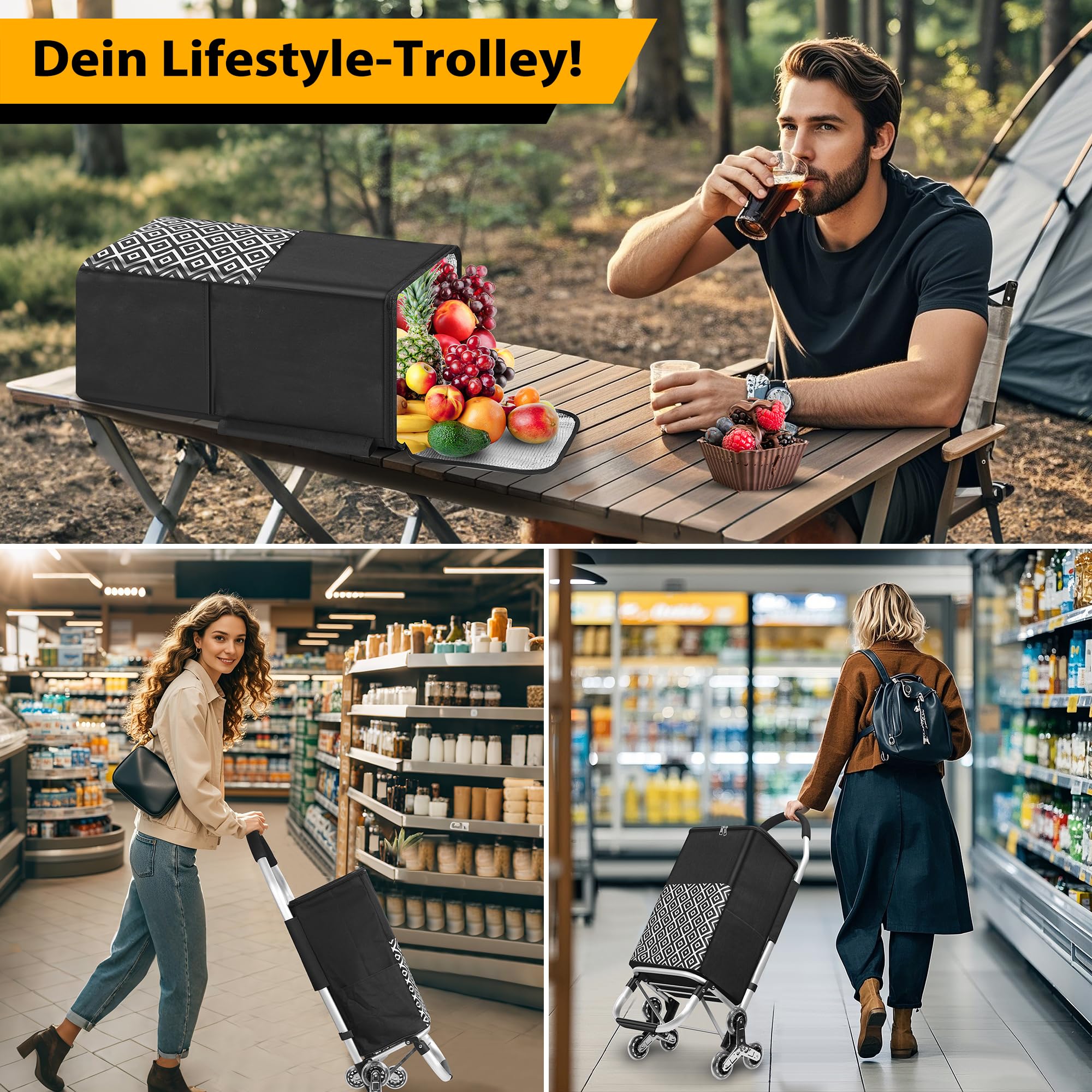 50Liter Einkaufstrolley Treppensteiger & Thermotasche Kühlfach, Shopping Trolley mit Treppenläufer, Moderner Einkaufswagen Faltbar, 6 Rädern Einkaufstasche, Einkaufskorb mit Rollen, Aluminium, Schwarz