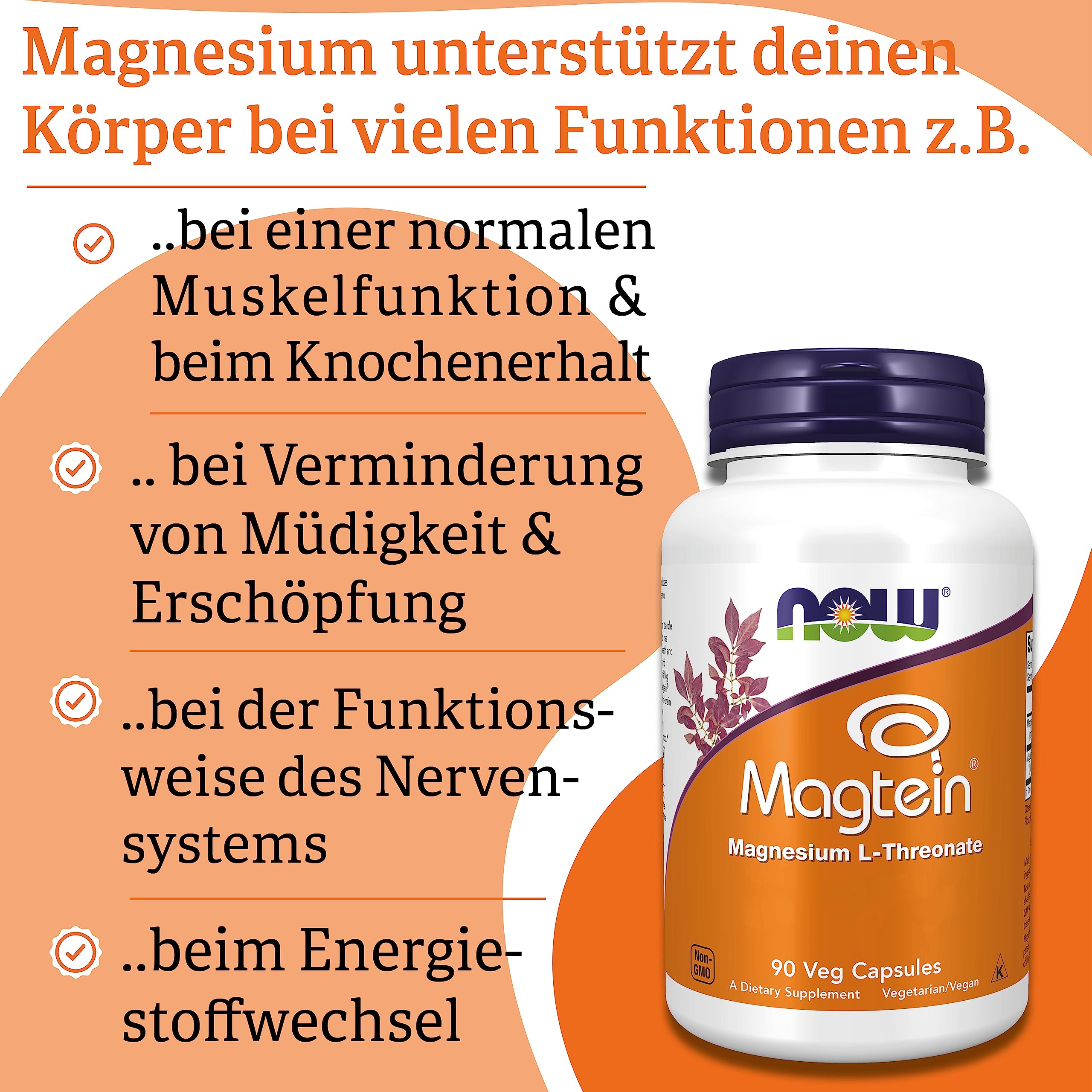 Now Foods Magtein, 90 vegane Kapseln, Laborgeprüft, Glutenfrei, Sojafrei, Ohne Gentechnik