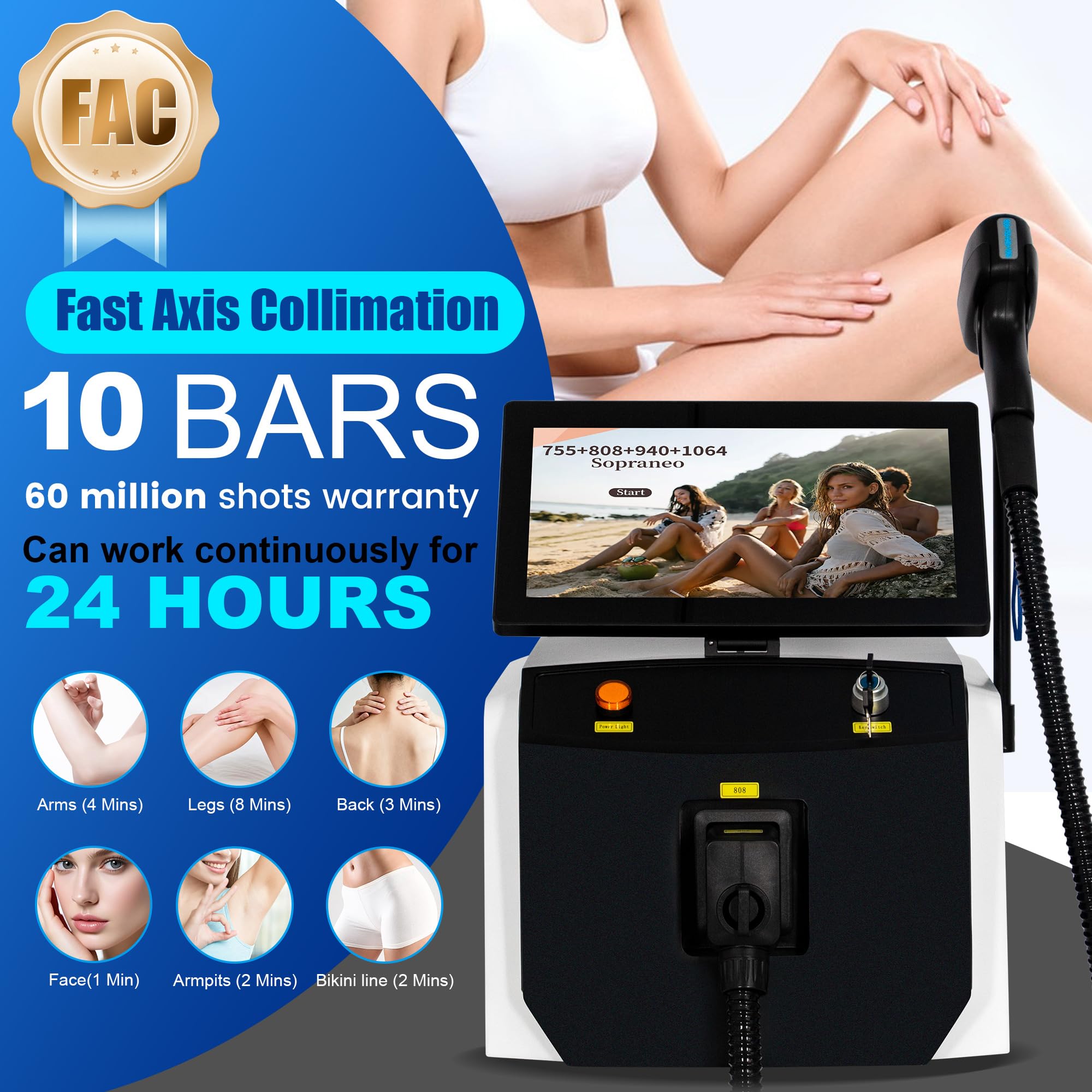 10 barre, Laser a Diodi per Depilazione 755nm/808nm/940nm/1064nm | Epilazione indolore su tutto il corpo tecnologia FAC Certificazione CE e RoHS