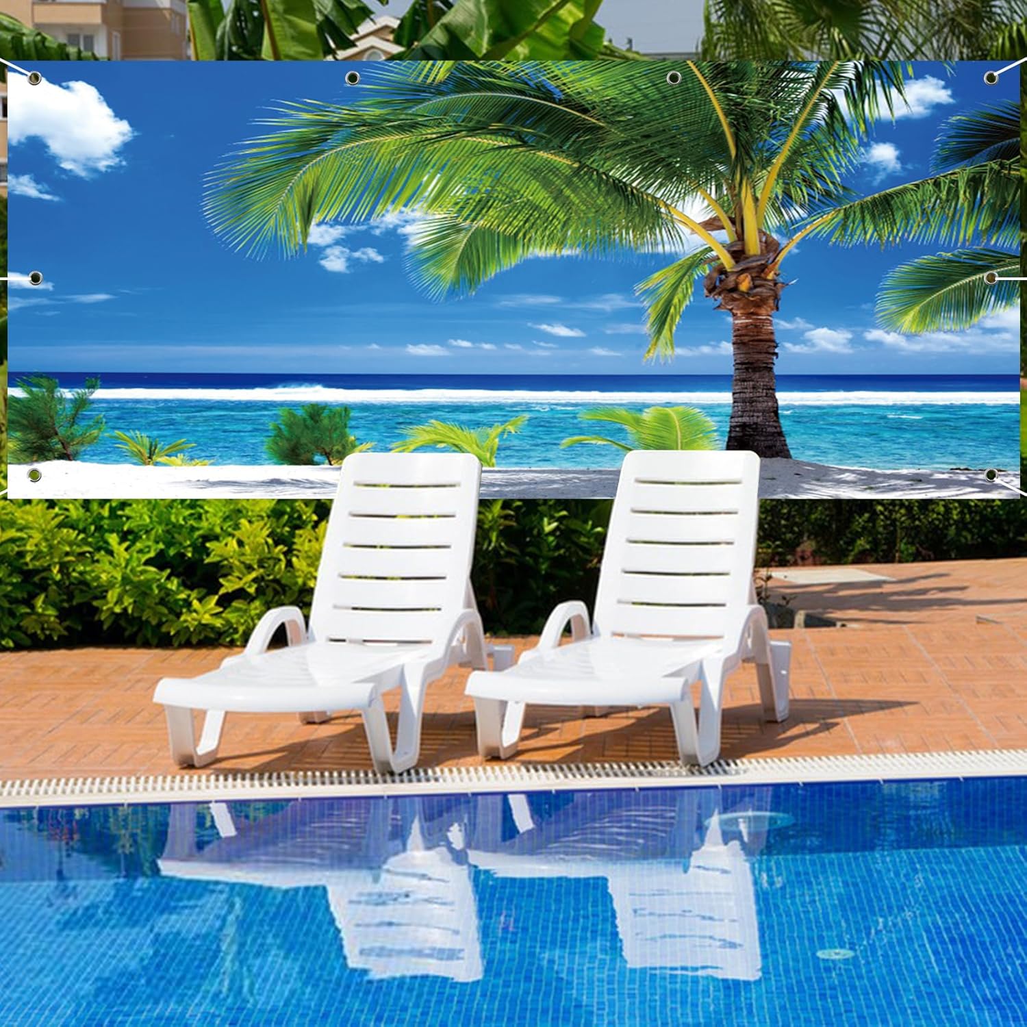 CSFOTO 7x16ft Tropical Beach Garage Door Decorative Banner Summer Palms Blue Sky White Clouds Garage Decorative Mural Wallpaper Aloha Luau Theme Summer Outdoor Party Banner