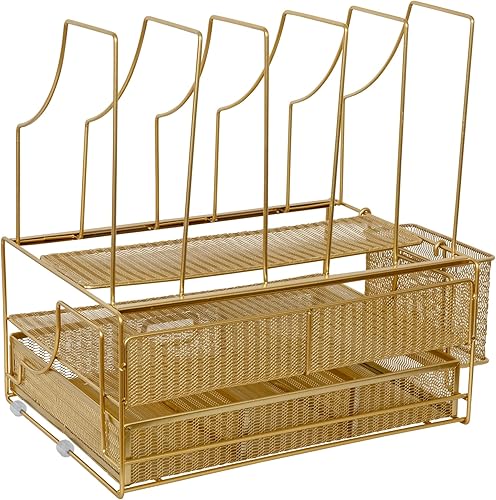 Miniatura 8 de Martha Stewart Ryder - Organizador de escritorio grande de metal de malla dorada con archivador de papel, organizador y cajón