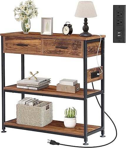 DANSION Mesa consola con 2 cajones, mesa de entrada con tomas de corriente y puertos USB, mesa de sofá industrial de 3 niveles estrecha con estantes disponible en Yaxa Colombia