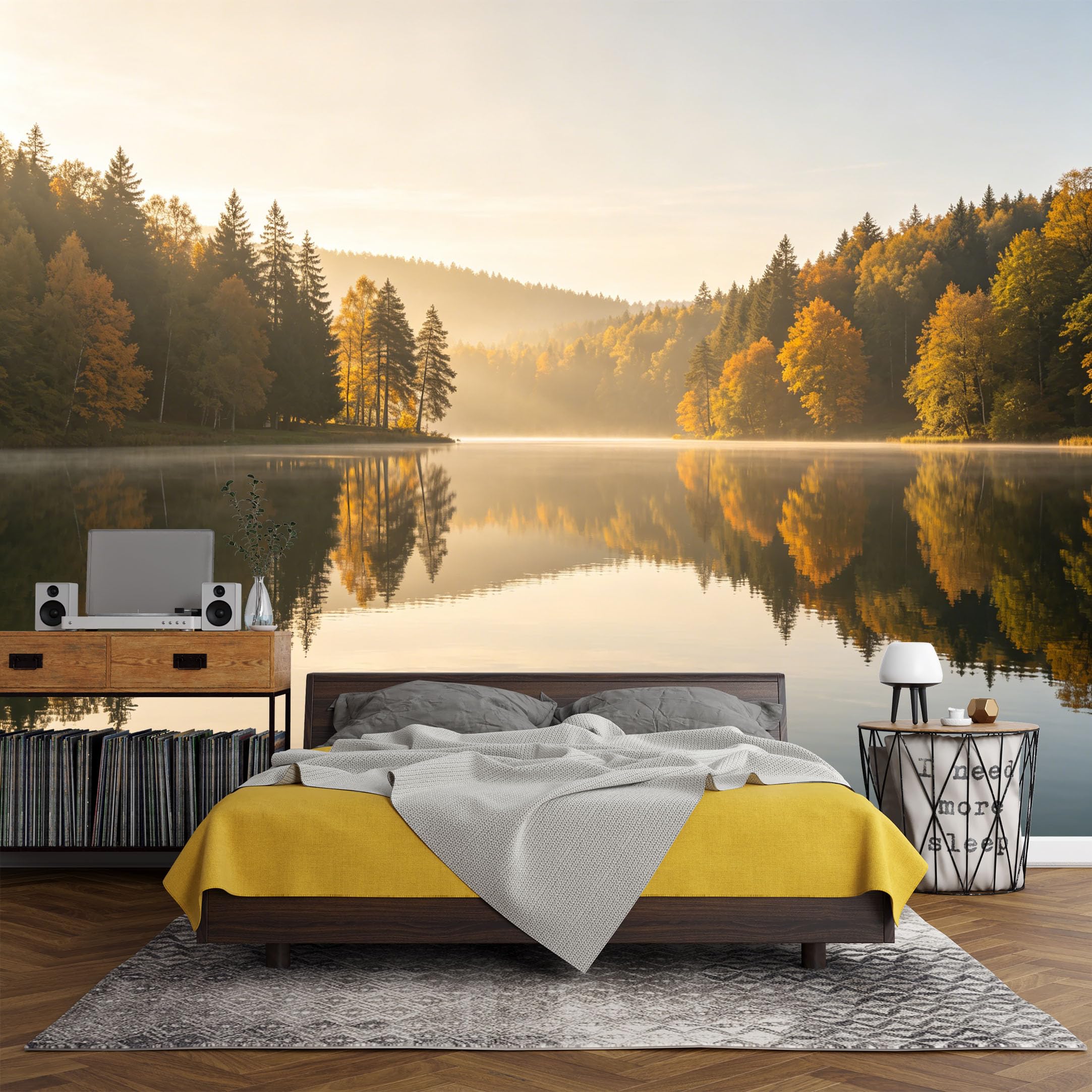 Custom Size Wall Mural， Mountain Lake Forest Sunrise Reflection Landscape Nature Art，SelfAdhesive Art Prints wall Fabric (No PVC) Removable Wallpaper Living Room Decor