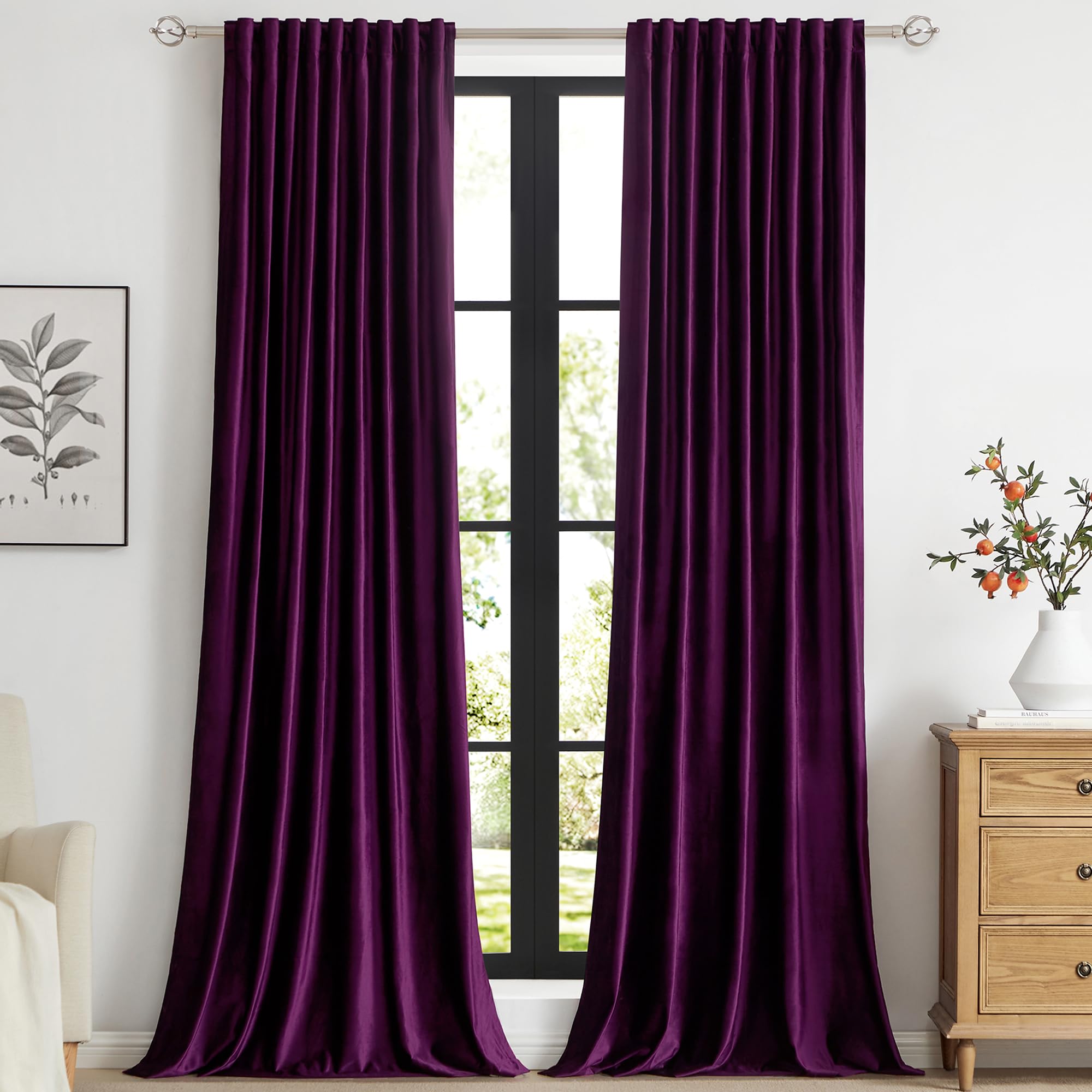 PRIMROSE Purple Velvet Curtains 72 inch Long for Living Room,Set of 2 Panels Blackout Rod Pocket Back Tab Window Treatment Room Darkening Heavy