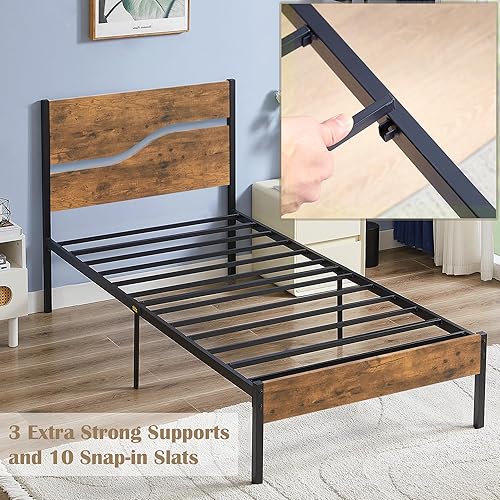 Miniatura 3 de VECELO - Base de cama tamaño individual con cabecera de madera rústica, listones de metal fuertes, base de colchón, no necesita somier, fácil montaje