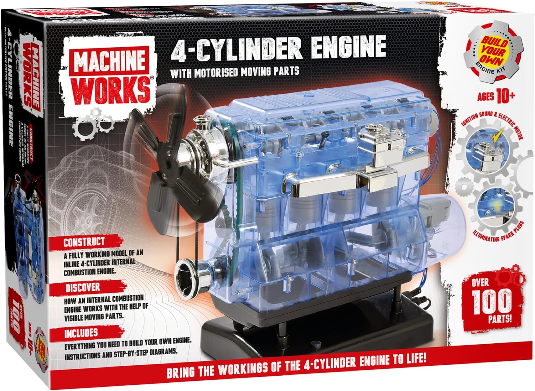 Build Your Own 4-Cylinder Engine Toy - Replica Model Building Kit - Features Augmented Reality, Sounds and Illumination, 100+ Pieces, 10+ Years