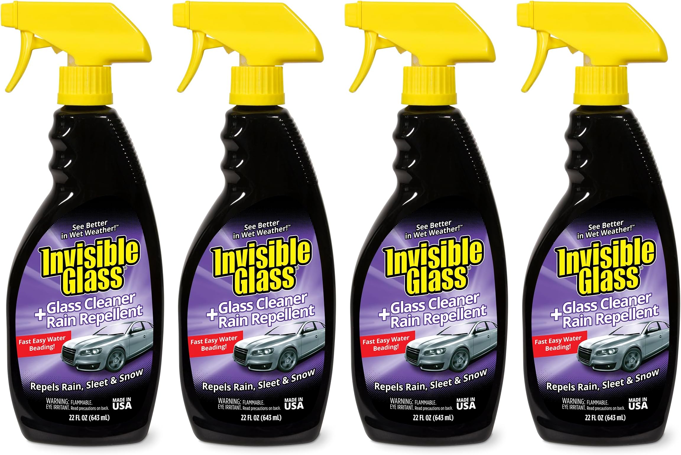 Invisible Glass 92184-4PK Glass Cleaner + Rain Repellent 2-in-1 Windshield and Window Spray, Cleans Auto Glass, Repels Rain, Sleet, Snow, Improves Wet Weather Visibility – 22 fl oz (Pack of 4)