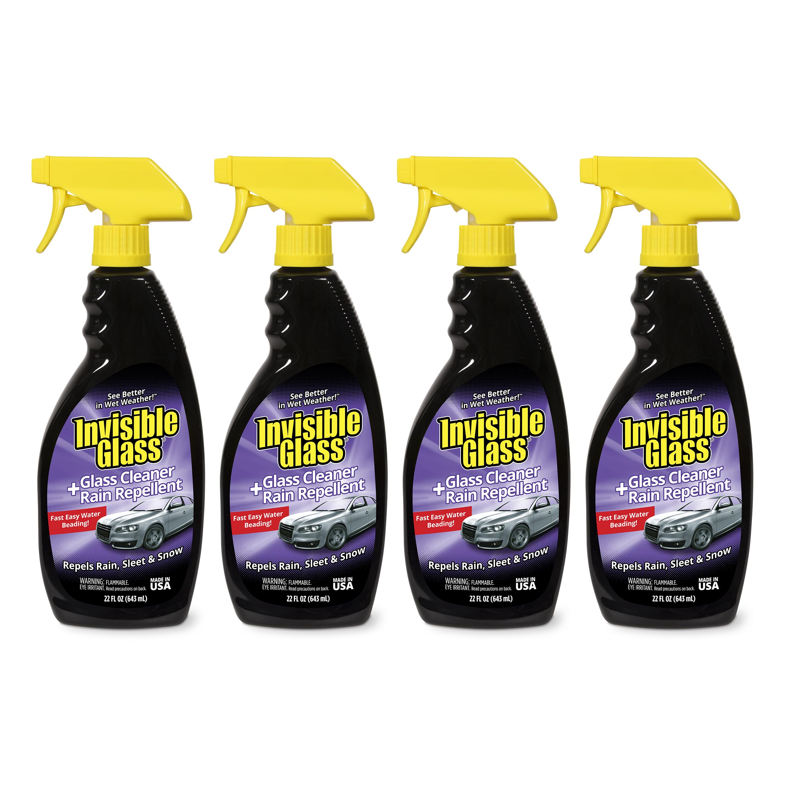 Invisible Glass 92184-4PK Glass Cleaner + Rain Repellent 2-in-1 Windshield and Window Spray, Cleans Auto Glass, Repels Rain, Sleet, Snow, Improves Wet Weather Visibility – 22 fl oz (Pack of 4)