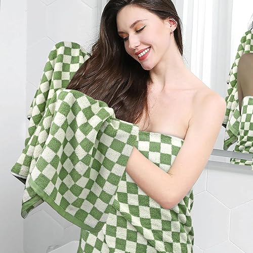 Miniatura 3 de Jacquotha Juego de 2 toallas de baño de lujo de 55 x 27.5 pulgadas, toalla de baño de algodón a cuadros verdes, toallas absorbentes de secado rápido