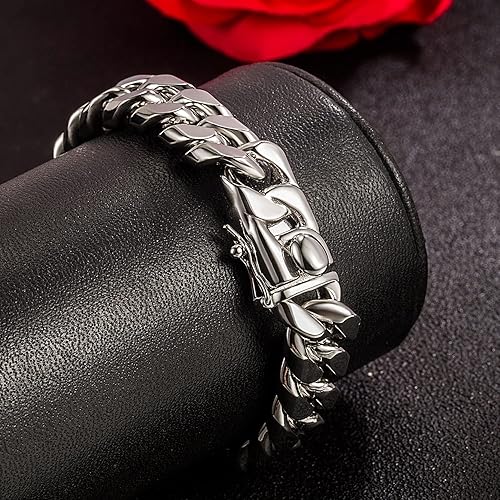 Vista 6 de Dankadi Pulsera de plata de ley 925 maciza de eslabones cubanos de Miami de 8 a 0.472 in a 0.551 in, pulsera de eslabones grandes y gruesos cubanos