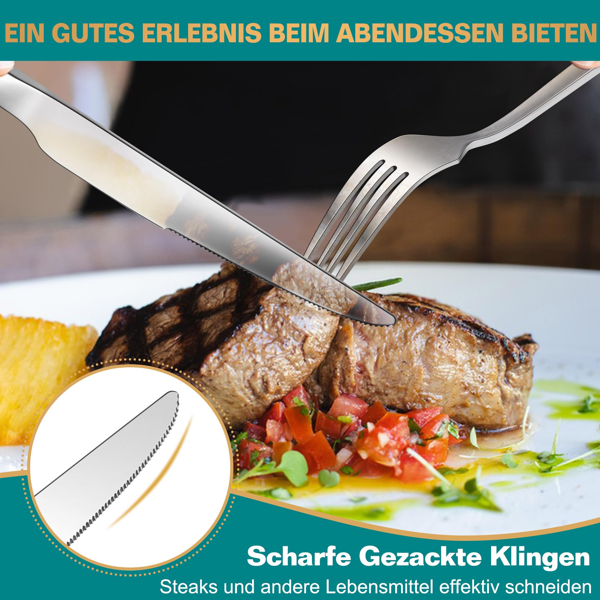 Homikit Steakbesteck Set, 24-teilig Edelstahl Steakmesser und Steakgabel, Steakbesteck Set für 12 Personen, Silber Besteckset mit Quadrat Griff für Haus Restaurant Hotel, Rostfreie & Spülmaschinenfest