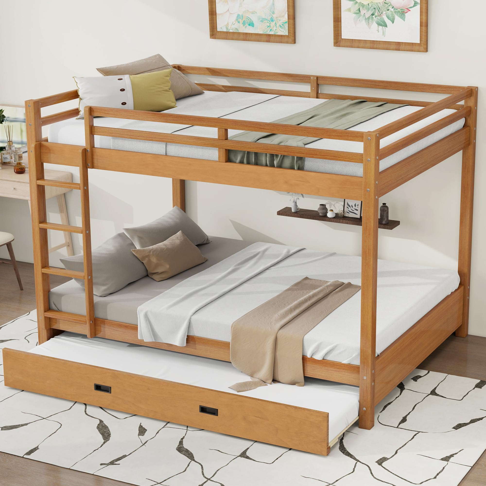 LUMISOL Queen Over Queen Bunk Bed with Trundle, Solid Wood Bunk Bed with Ladder and Guardrails, No Box Spring Needed, Wood(Box 1 of 2 only)