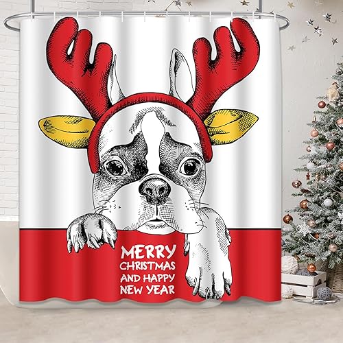 Miniatura 2 de ArtSocket Juegos de baño de bulldog francés de Navidad con cortina de ducha y alfombras y accesorios, juegos de cortinas de ducha de otoño con