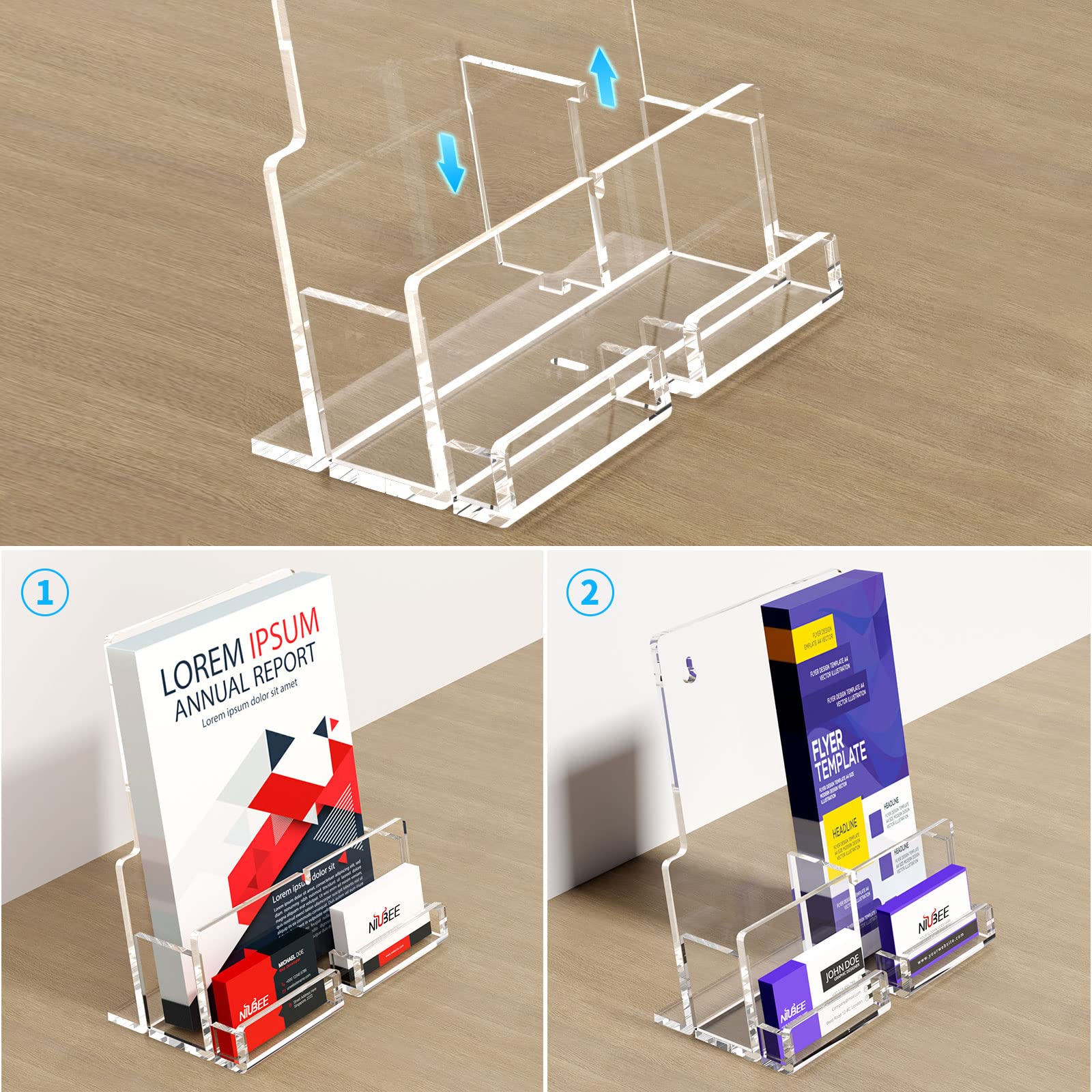 NIUBEE Soporte acrílico para folletos de 8.5 x 11 pulgadas, soporte transparente para folletos con soporte acrílico para tarjetas de visita, soporte de exhibición de folletos de plástico para