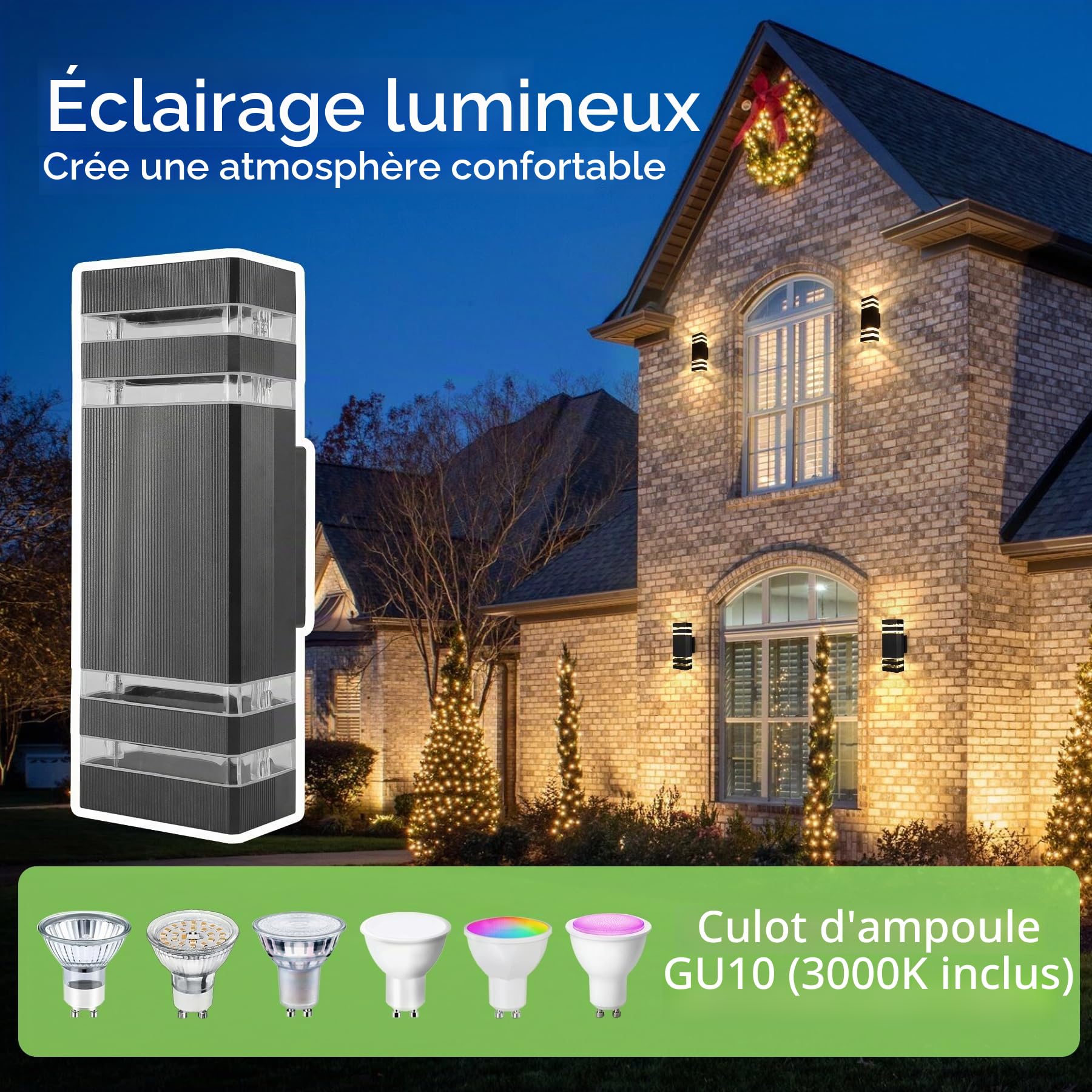 CANMEIJIA Aplique Murale Exterieur LED GU10 6W 3000K Aluminium Noir 2 Pack