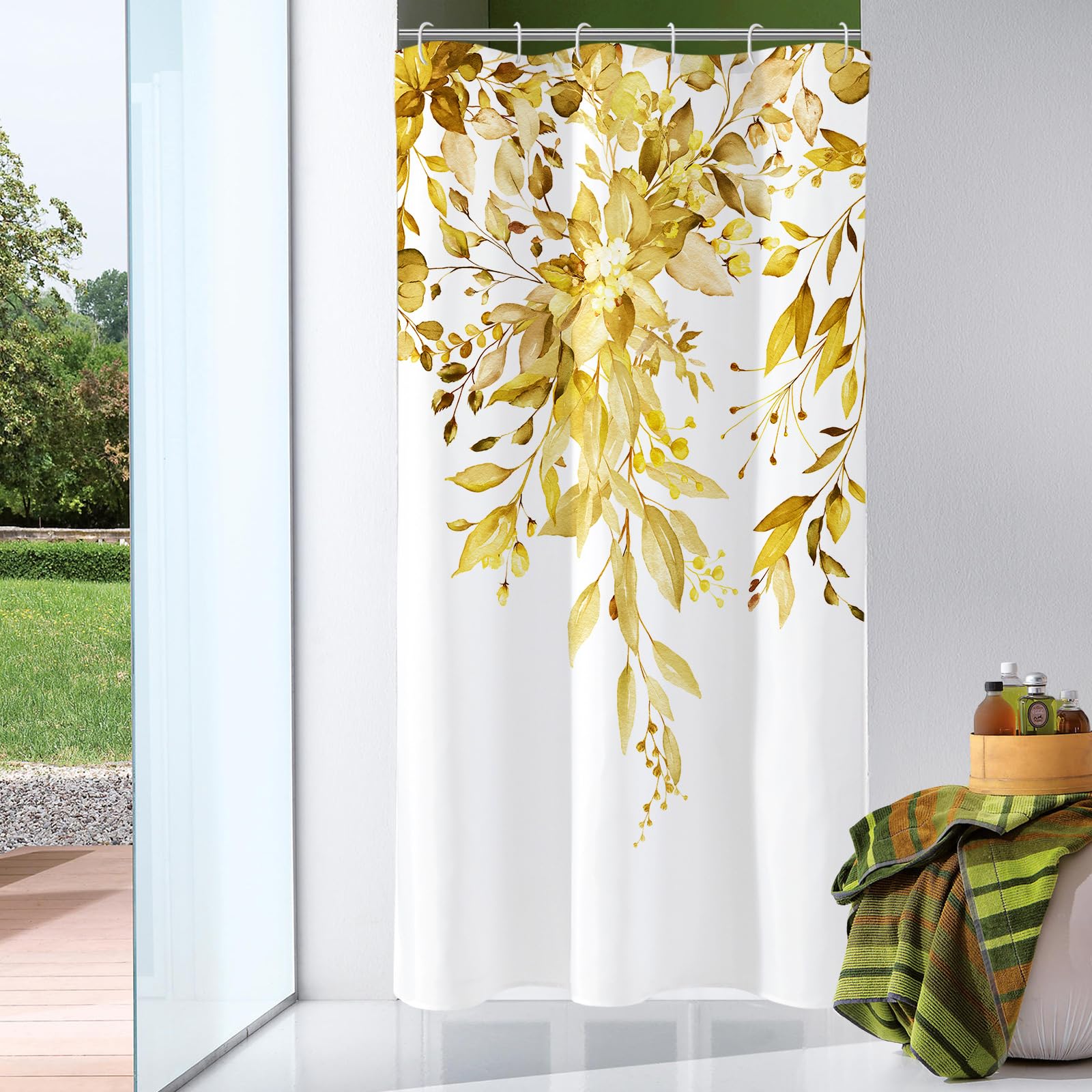 Gibelle Small Stall Shower Curtain 36 x 72, Narrow Yellow Floral Shower Curtain for Bathroom, Watercolor Plant Eucalyptus Leaves Fabric Shower Curtain