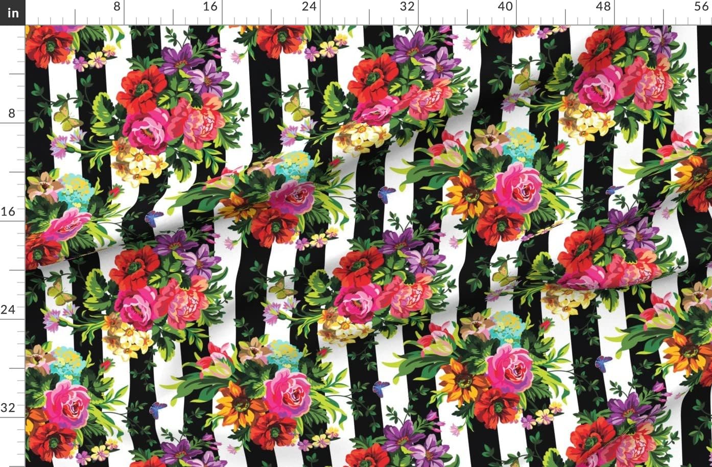 Spoonflower Fabric - Floral Pop Stripes Large Print Black White Roses Butterfly Boho Printed on Organic Cotton Sateen Fabric by The Yard - Sewing Quilting Apparel Home Decor