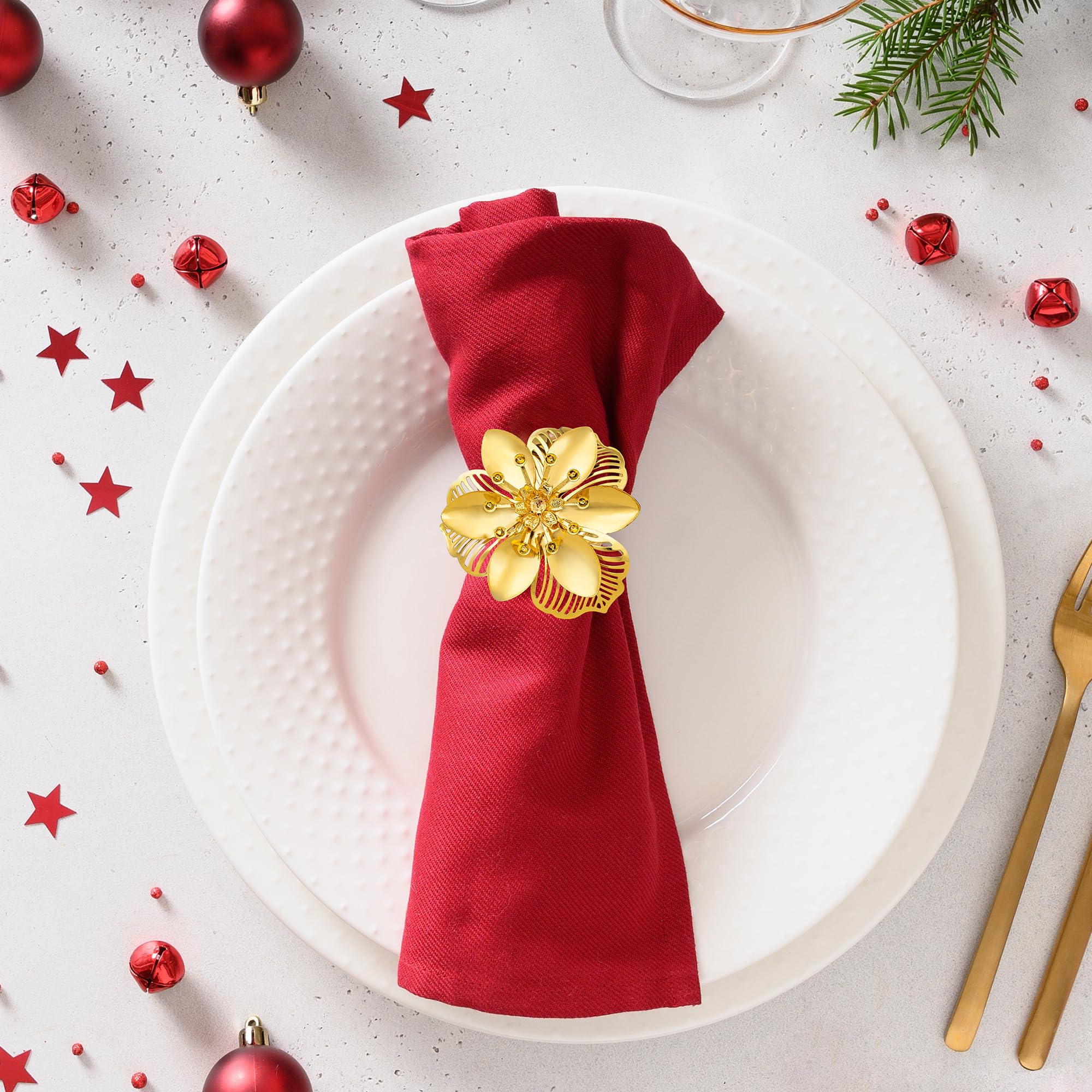 Homotte Gold Flower Napkin Rings Set of 6, Christmas Napkin Rings for Thanksgiving Table Decorations Christmas Banquet - Image 3
