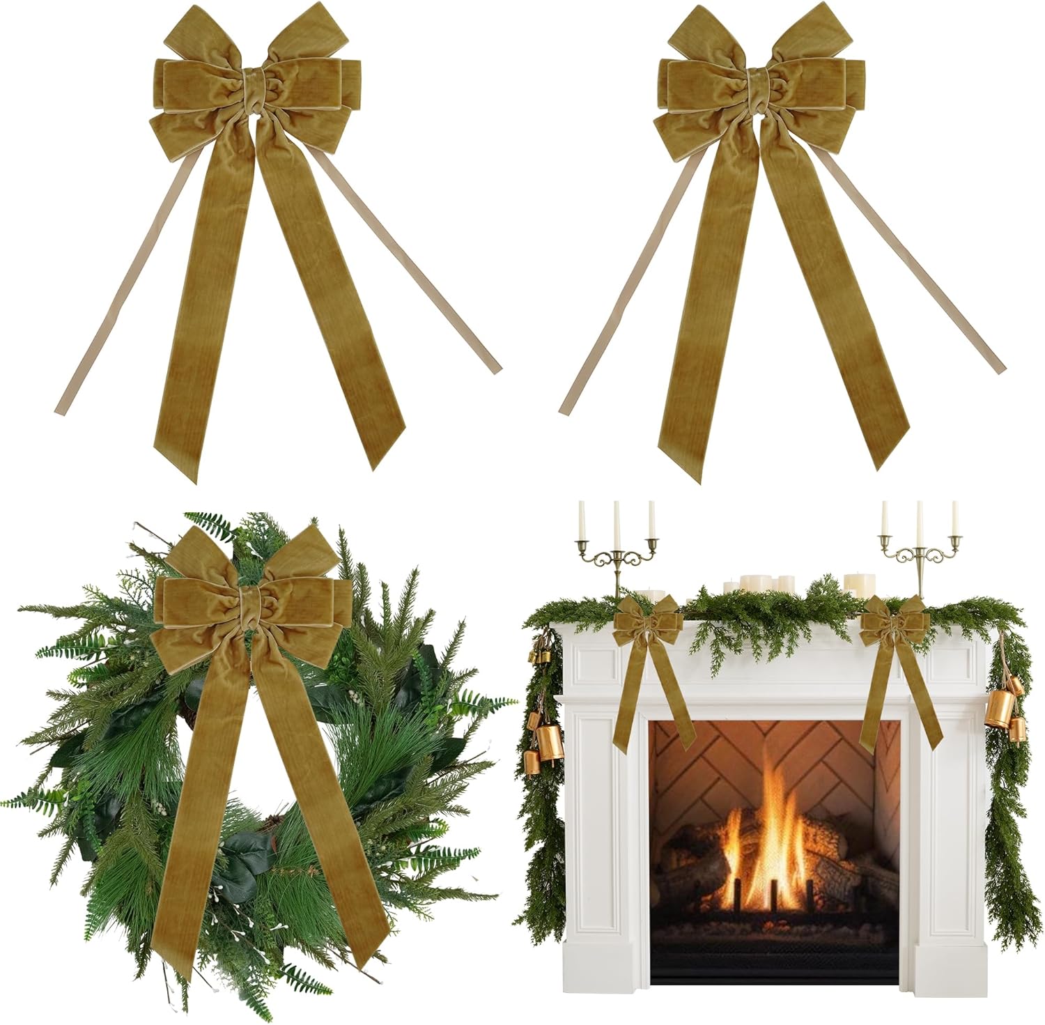 AIMUDI Khaki Velvet Bows - 6.5" x 15" Christmas Bows for Gift Wrapping, Tree, Wreath, Garland, Staircase, Home & Outdoor Decorations - 2 PCs