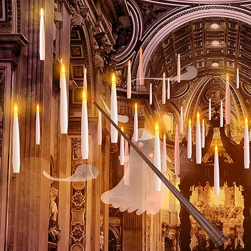 Halloween Decorations, 20 PCs Floating Candles with Wand Magic Hanging Candles, Flickering Warm Light Flameless Floating LED Candle with Wand Remote, Battery Operated Taper Candle Set for Theme Party