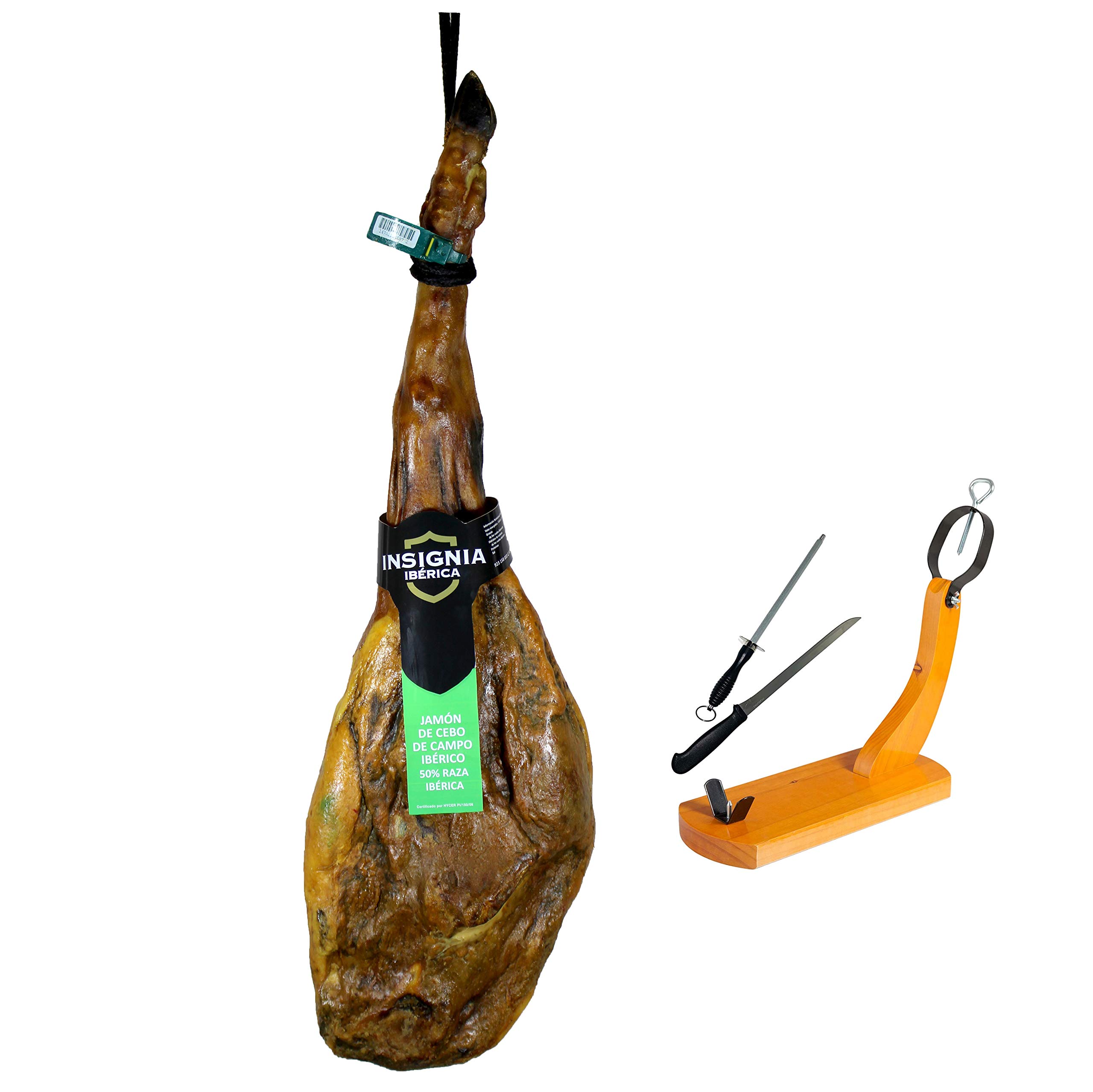 8 Kg Jamón Iberico de Cebo de Campo, Curación Natural, Curación de 28 - 32 meses + JAMONERO + CHAIRA + CUCHILLO - Jamón Ibérico | INSIGNIA IBERICA