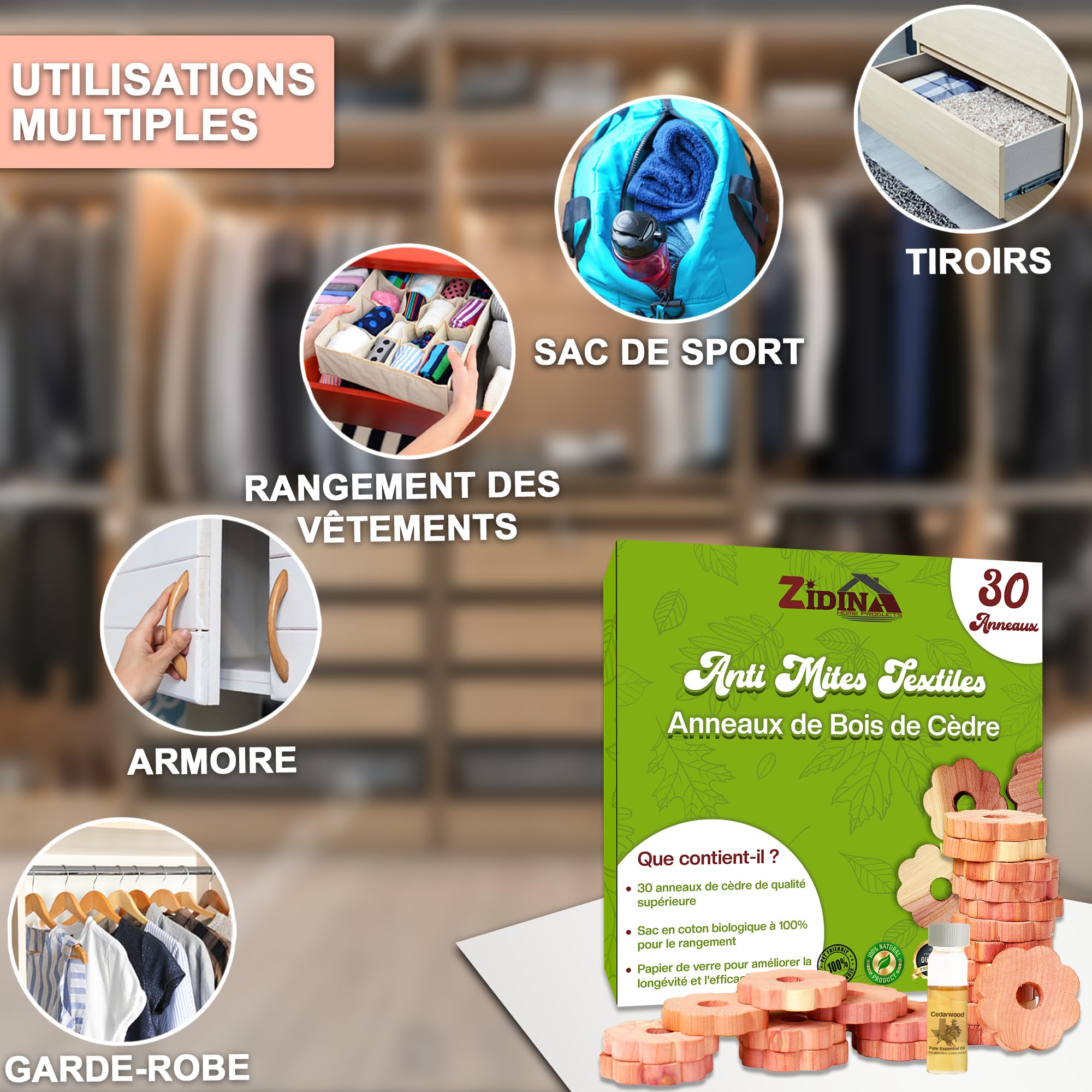 Anti Mites Textiles Pack 30 Anneaux Vêtements Huile de Bois de Cèdre 4,5 ML Naturel Contre Mites Armoires