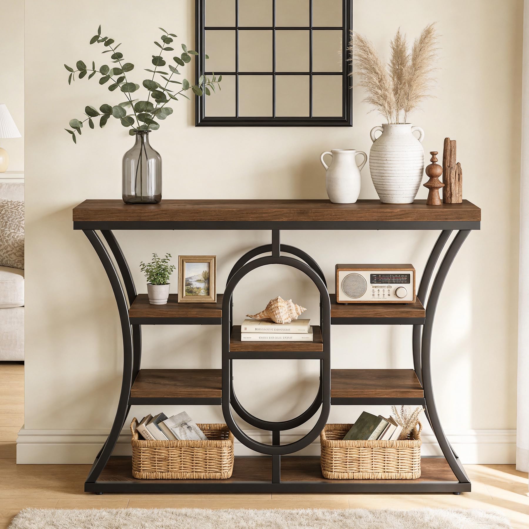Tribesigns Tavolo Console Industriale 105 cm, 5 Ripiani Sfalsati, Tavolo da Divano con Struttura in Metallo e Scaffali Portaoggetti, Mobile Stretto per Ingresso, Corridoio, Soggiorno, Marrone Rustico