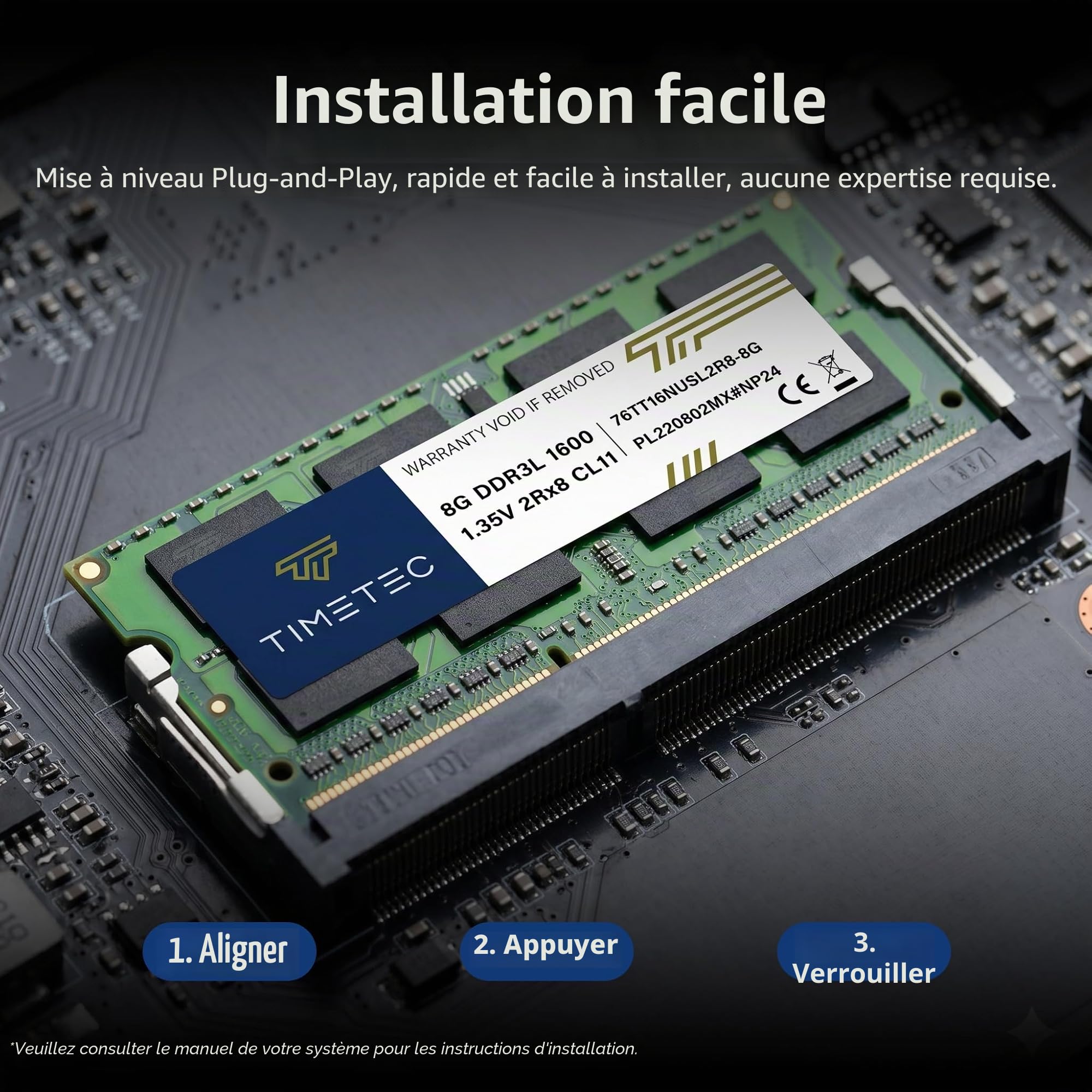Timetec 8 Go DDR3L 1600MHz PC3-12800 Non-ECC SODIMM RAM Module pour ordinateur portable