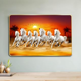 Rousrie 7 Horses Realistic Painting With Frame For Wall Vastu | Seven Running Horse Painting For Wall Decor Living Room Decoration | Big Size Photo Frame | 47 by 32 Cm