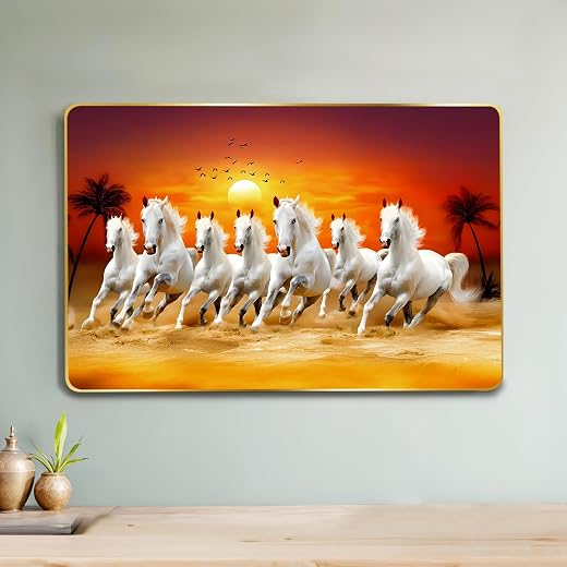 Rousrie 7 Horses Realistic Painting With Frame For Wall Vastu | Seven Running Horse Painting For Wall Decor Living Room De...