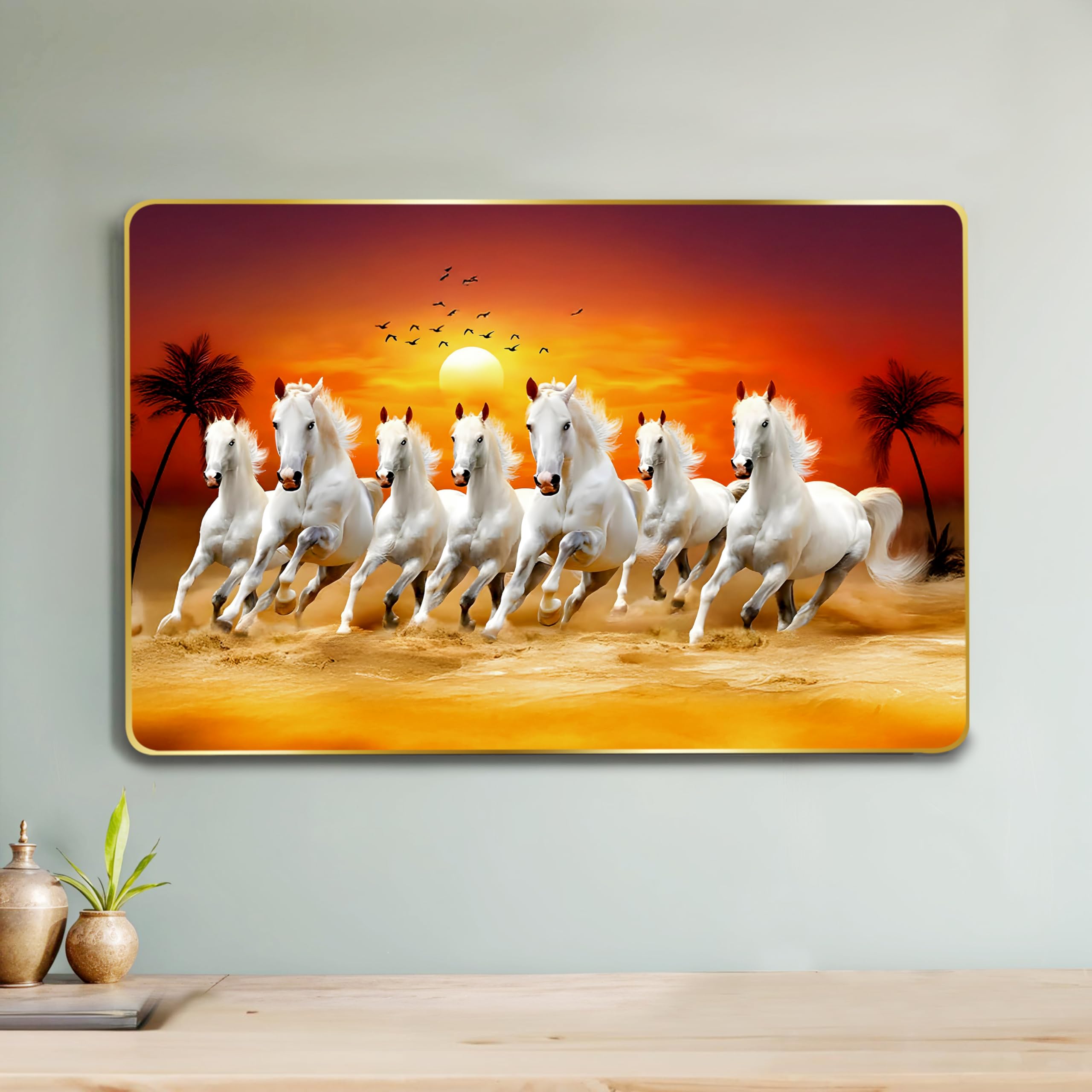 Rousrie 7 Horses Realistic Painting With Frame For Wall Vastu | Seven Running Horse Painting For Wall Decor Living Room Decoration | Big Size Photo Frame | 47 by 32 Cm