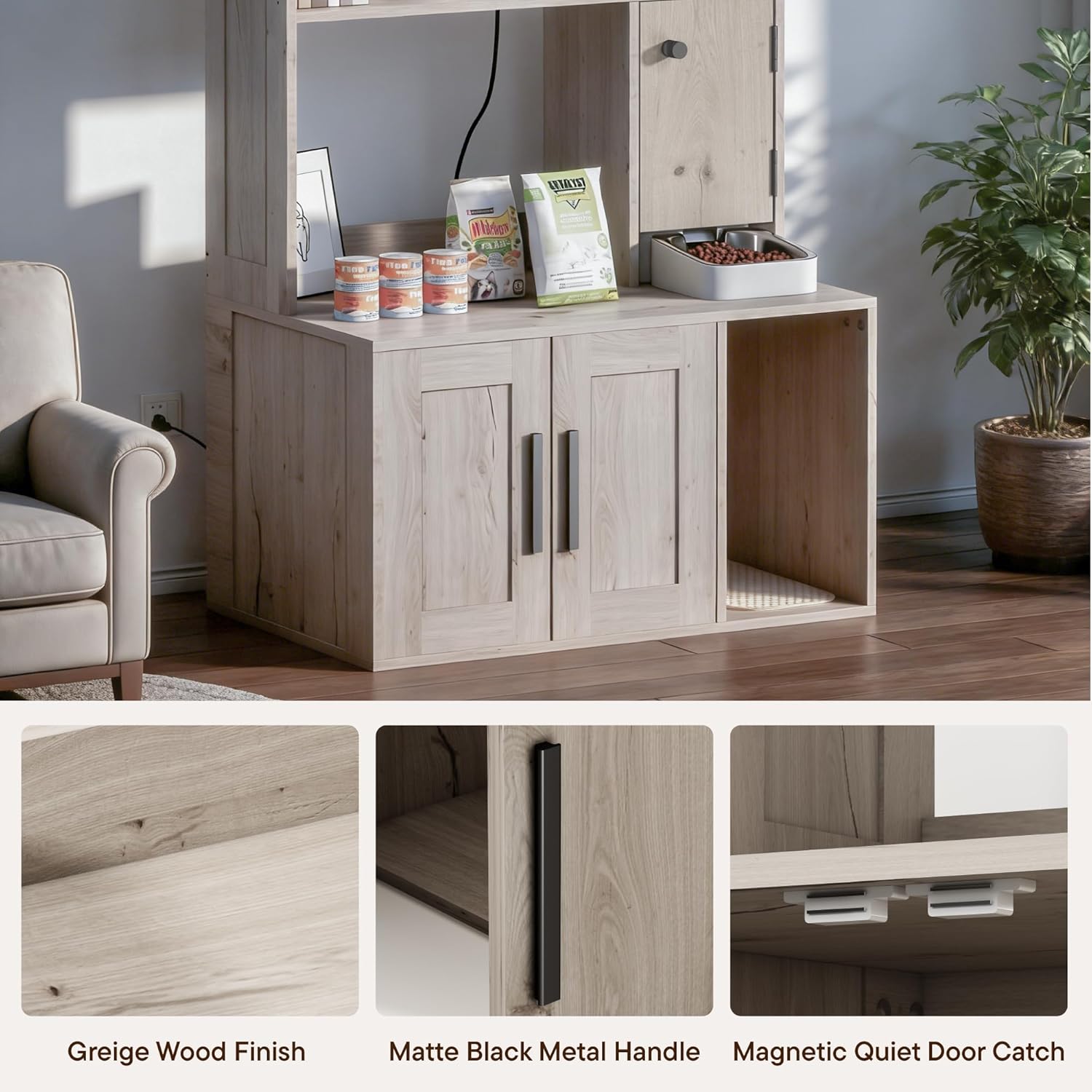 Cat Litter Box Enclosure with Shelf & Built-in Outlet, Auto Feeder Ready Cat Living Station Cabinet, Tall Hidden Litter Box Furniture with Charging Station, Indoor Cat House, Greige Wood