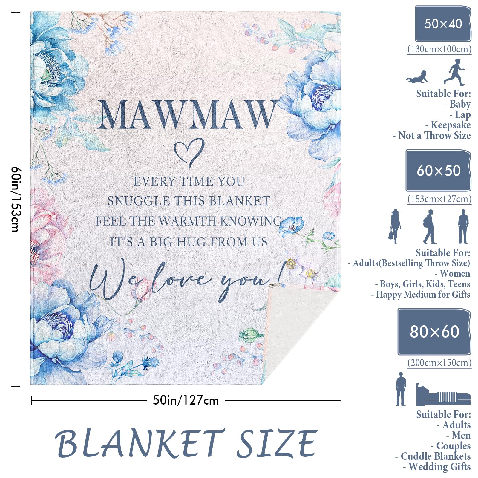 Mawmaw Gifts, Mawmaw Blanket 60" x 50", Mawmaw Birthday Gifts, Grandma Gifts for Mawmaw, Mother's Day Mawmaw Gifts, Mawmaw Gifts from Grandchildren, Mawmaw Gifts for Christmas