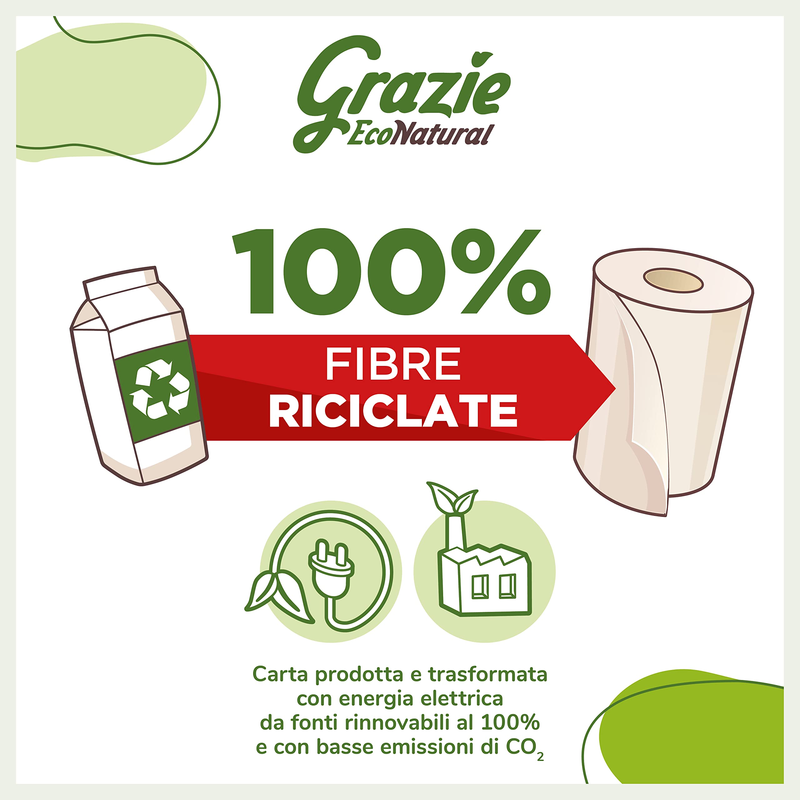 Grazie Natural, Asciugatutto Monorotolo, 12 Rotoli, Bobina di Carta Assorbente Realizzata con Carta 100% Riciclata Fiberpack, Certificata Ecolabel e FSC Recycled, Made in Italy