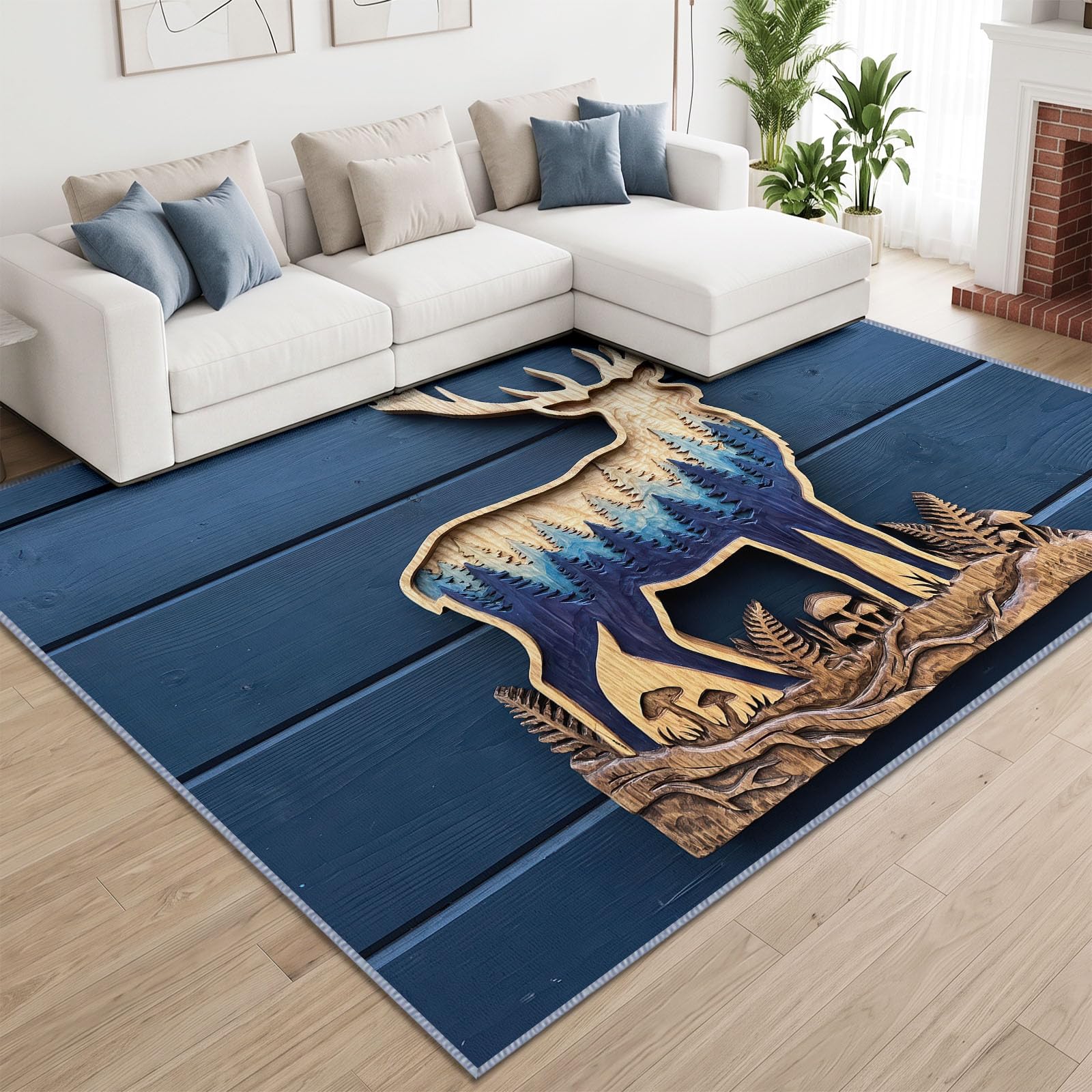 Tapis Lavable en Machine 120 x 180 cm Bois Cerf Silhouette Forêt Tapis Antidérapant en Flanelle Idéal pour Enfants et Animaux – Moquette de Chambre Doux, Poils Courts, Entretien Facile, Bleu Marine