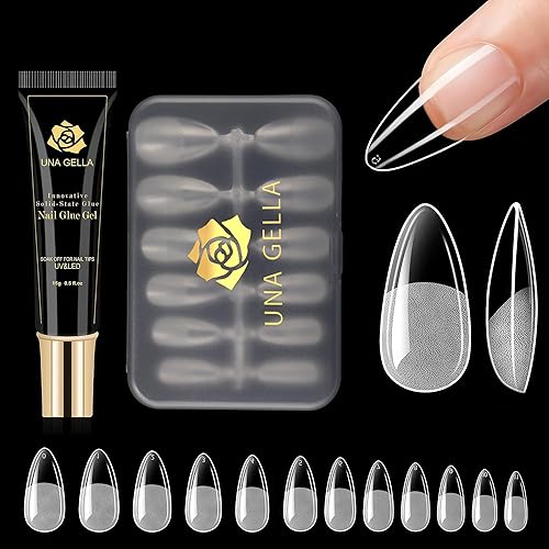 Miniatura 8 de UNA GELLA Puntas de uñas de almendra con pegamento para curado de gel, puntas de uñas de gel suave de almendra media, en forma de almendra con