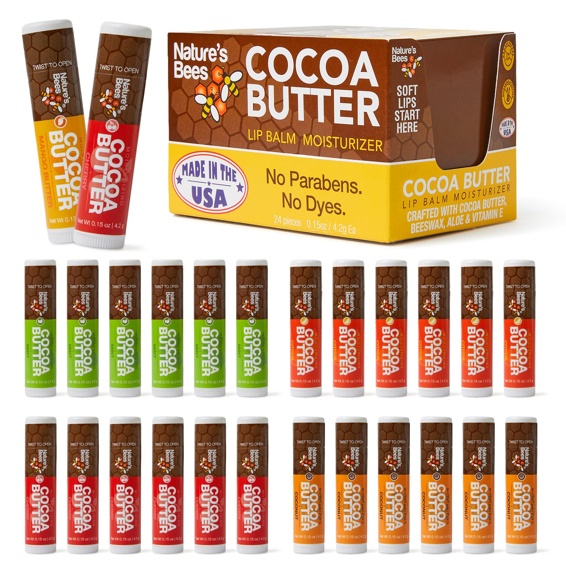 Nature's Bees Cocoa Butter Lip Balm, Lip Care for Dry Lips, Coconut Oil, Beeswax, Vitamin E, Aloe, & Shea Butter, 0.15 oz Each, 4 Flavors, Citrus, Coconut, Cherry, & Mint, 24 Pack - Packaging May Vary