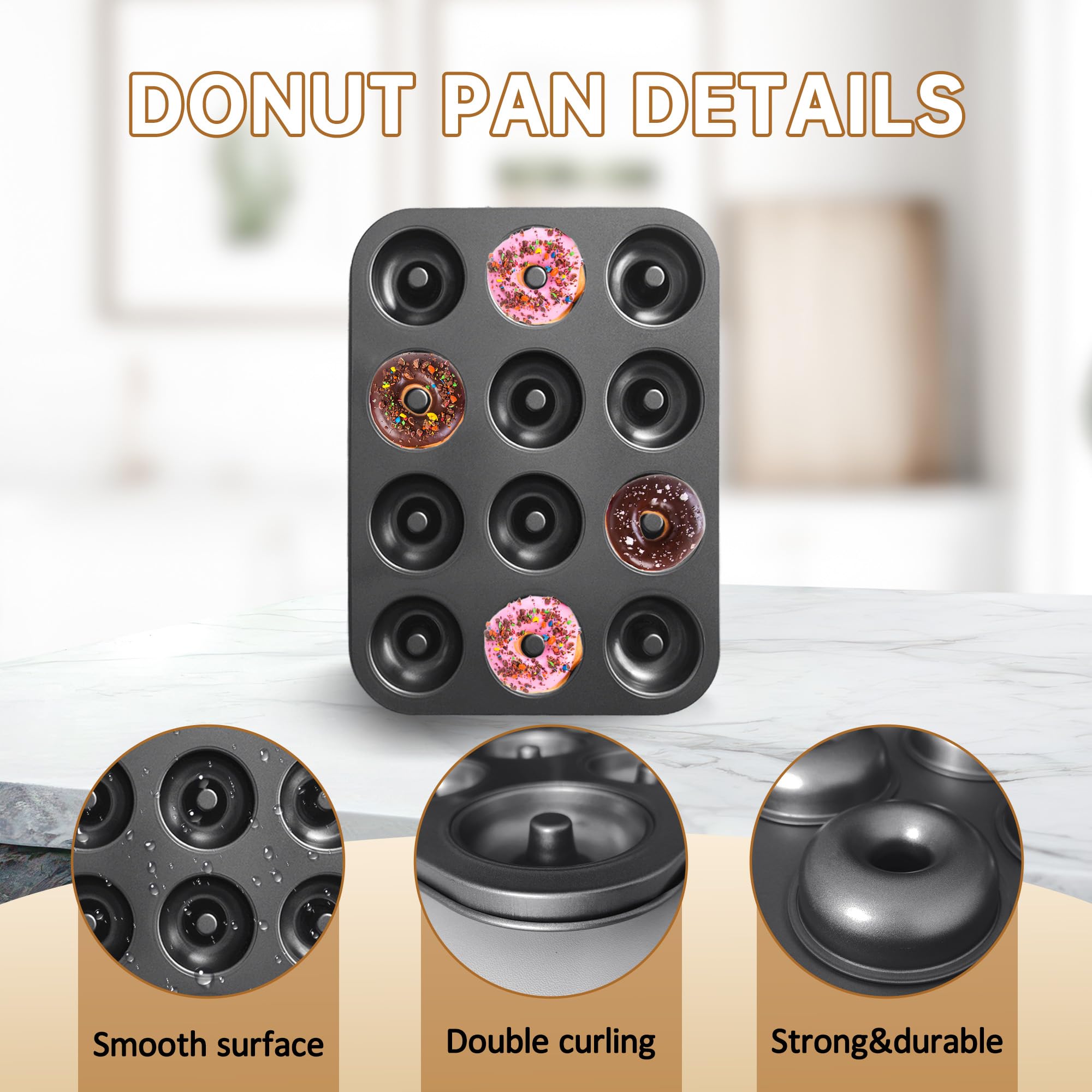 2 moldes para donas para hornear, bandeja antiadherente para donas de 12 cavidades, bandejas de acero al carbono para mini bagels y pasteles, donas para hornear horno (negro) 5