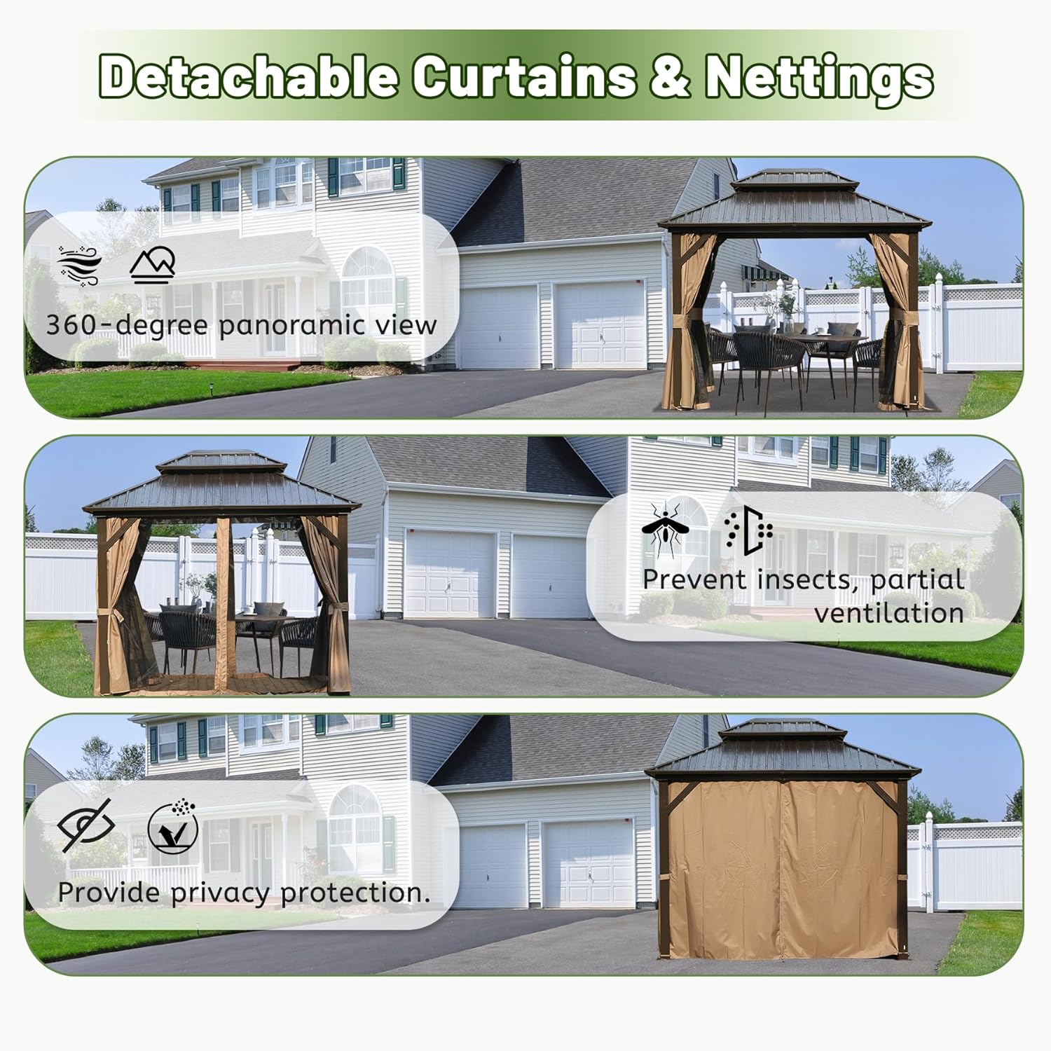 Product features including stable triangle structure, curtain straps, robust pillar, and pre-drill base