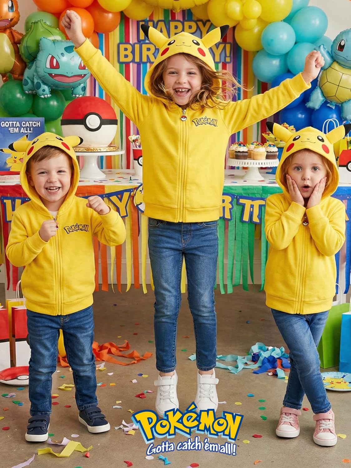 Pokemon Pikachu Hoodie for Kids Boys – Yellow Zip Up Jacket with 3D Ears Lightweight Costume Sweatshirt