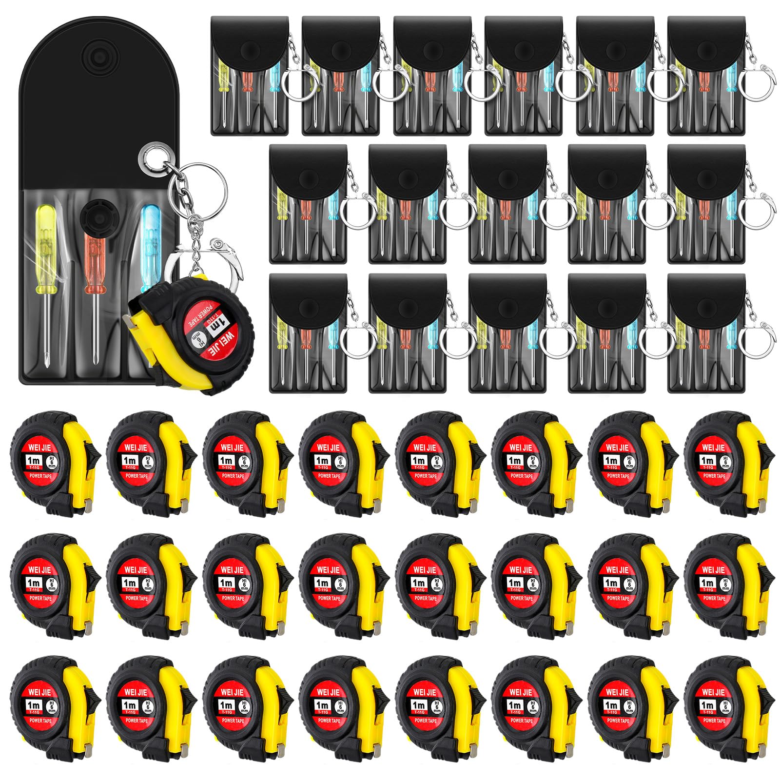 Mootycapa 72 Pcs Mini Screwdriver Keychain Tape Measure Keychains Set Mens Gift Bulk Retractable for Adult Xmas Tool Birthday Party