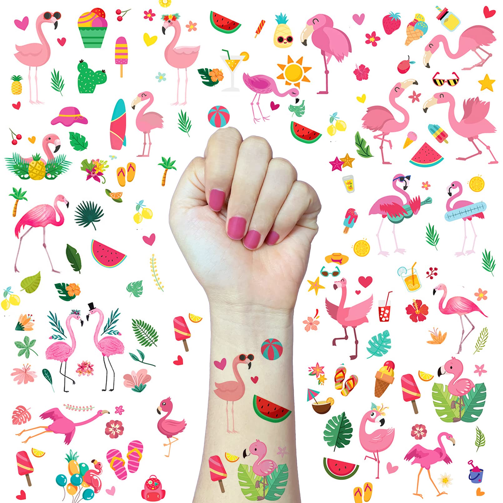 Onogola Flamingo Temporary Tattoos for Kids Women 100 Styles, Fake Summer Tattoo Stickers Hawaii Beach Waterproof for Boys and Girls Party Birthday